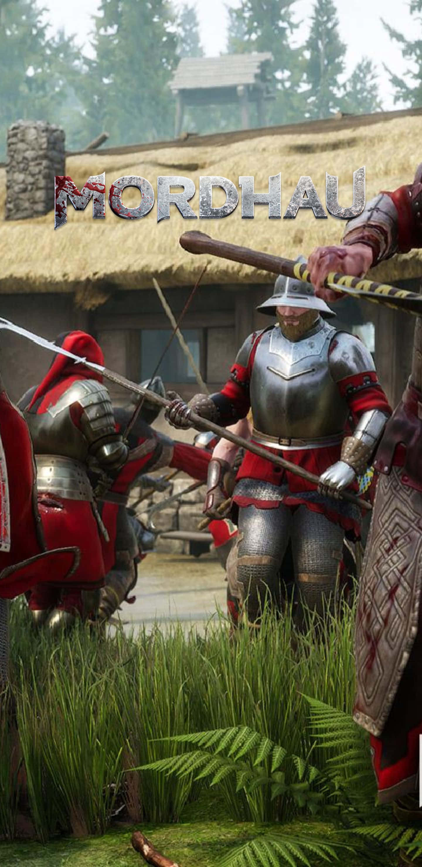 Pixel 3xl Mordhau 桌布 壁紙 — 身穿紅色和銀色盔甲的中世紀騎士在霧氣瀰漫的村莊庭院中，被高草和蕨類植物包圍，用劍交戰。