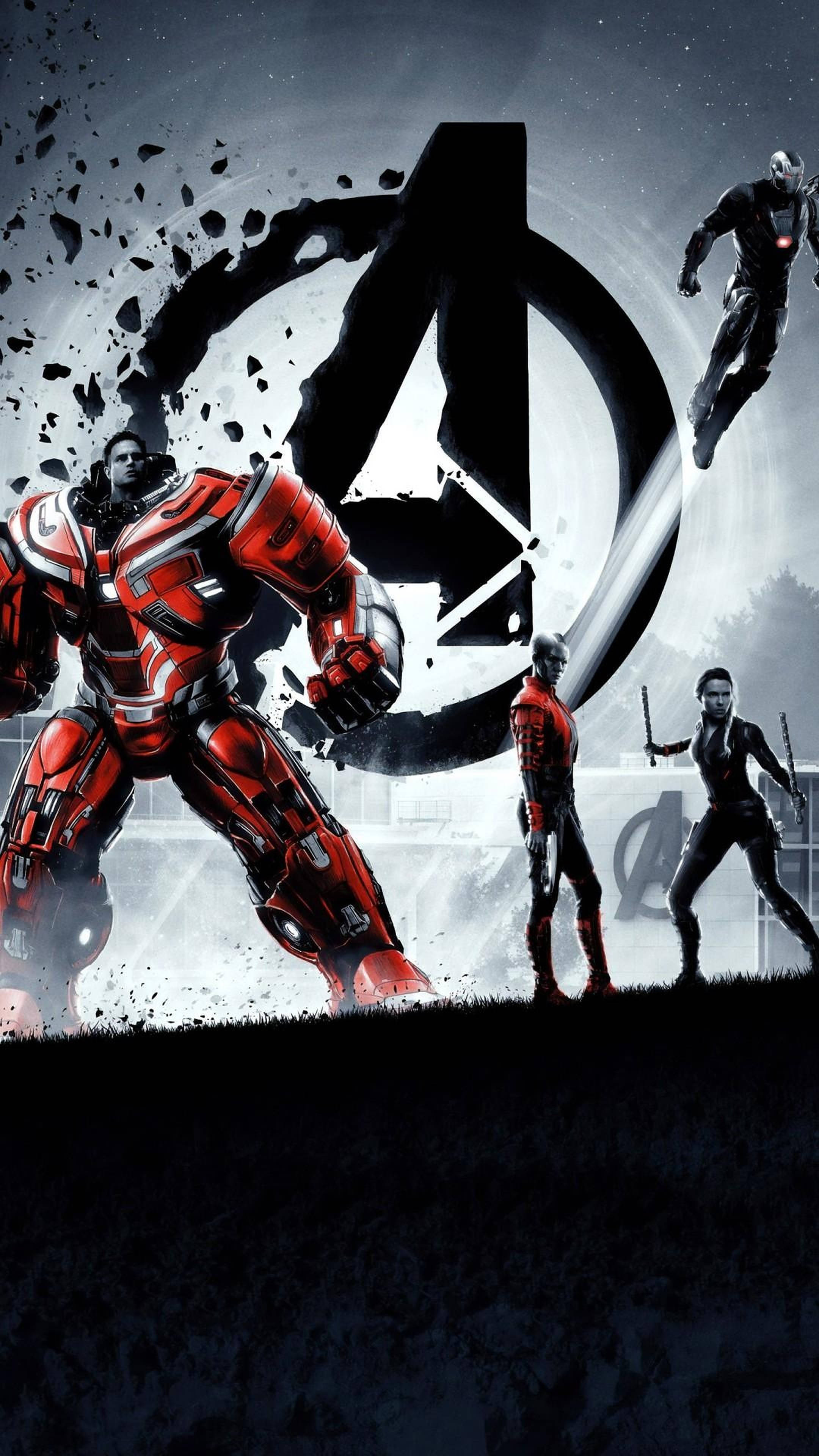 avengers android 桌布 壁紙 — 身穿紅色和黑色盔甲的復仇者聯盟英雄站在破碎的團隊標誌前，背景是黑暗風暴的天空。