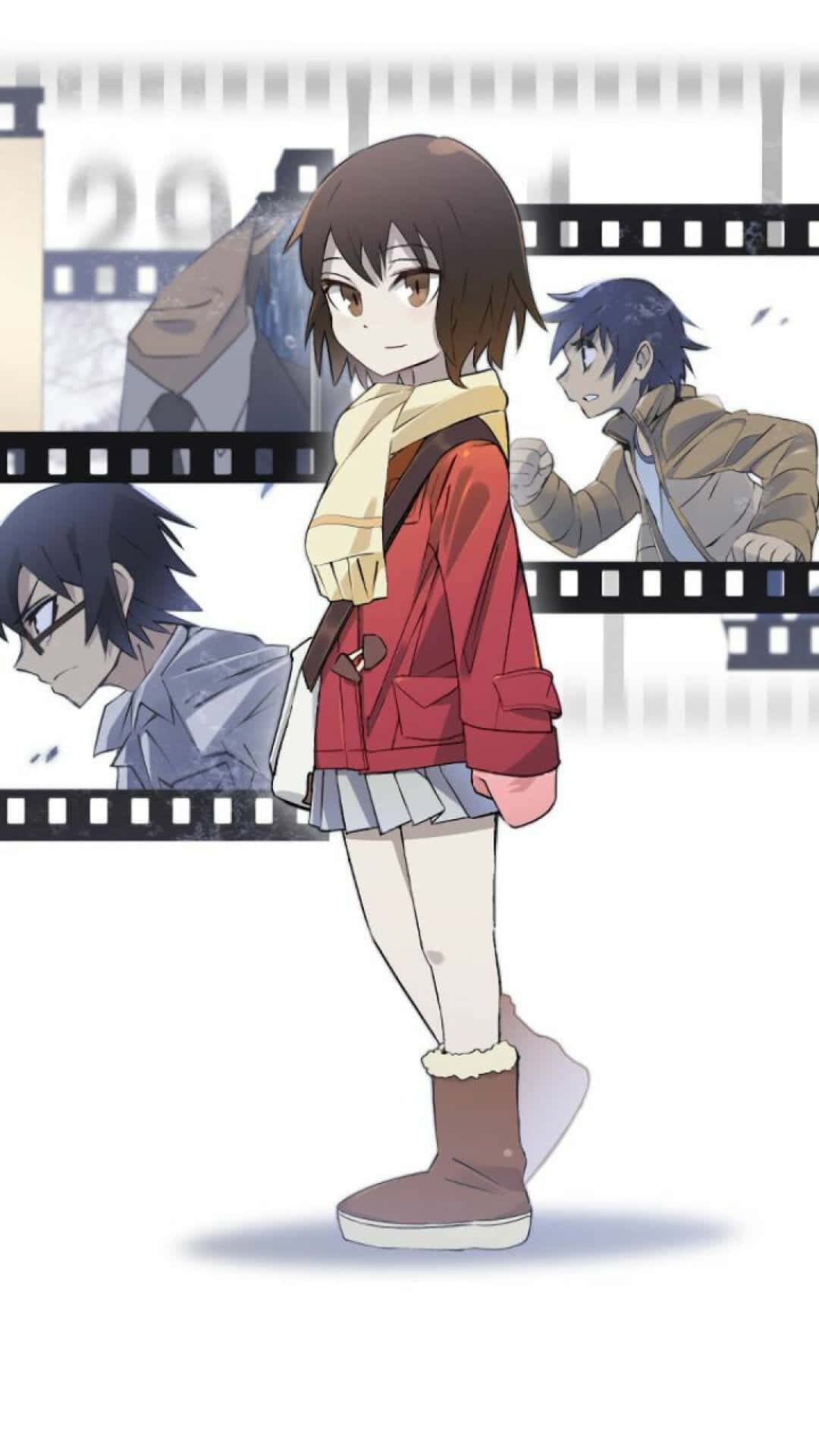 Erased 桌布 壁紙 — 身穿紅色外套和圍巾的動漫女孩站在中央，被顯示兩個男性角色動作姿勢的膠片條框住。