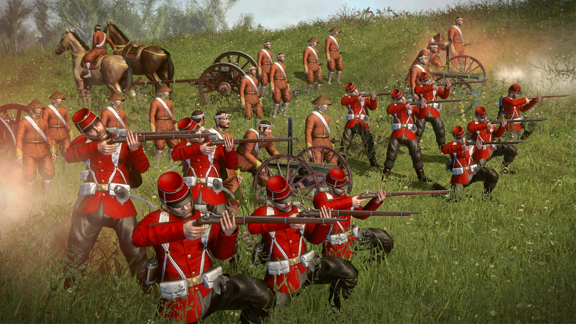 shogun 2 total war 桌布 壁紙 — 身穿紅色外套的士兵在草地上開火步槍，大砲轟鳴，煙霧在他們身後升起。