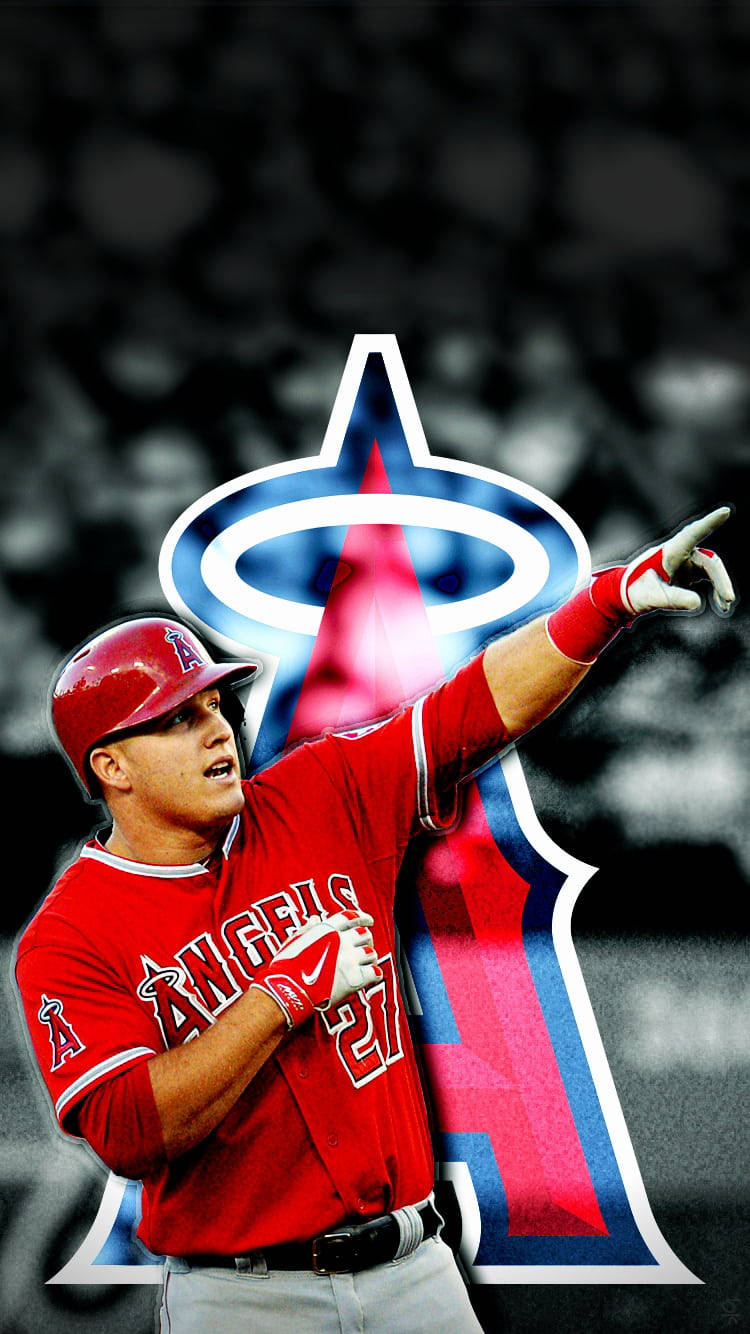 Mike Trout 桌布 壁紙 — 身穿紅色天使隊球衣的棒球運動員向上指，球隊標誌在他身後發光，背景是模糊的體育場人群。