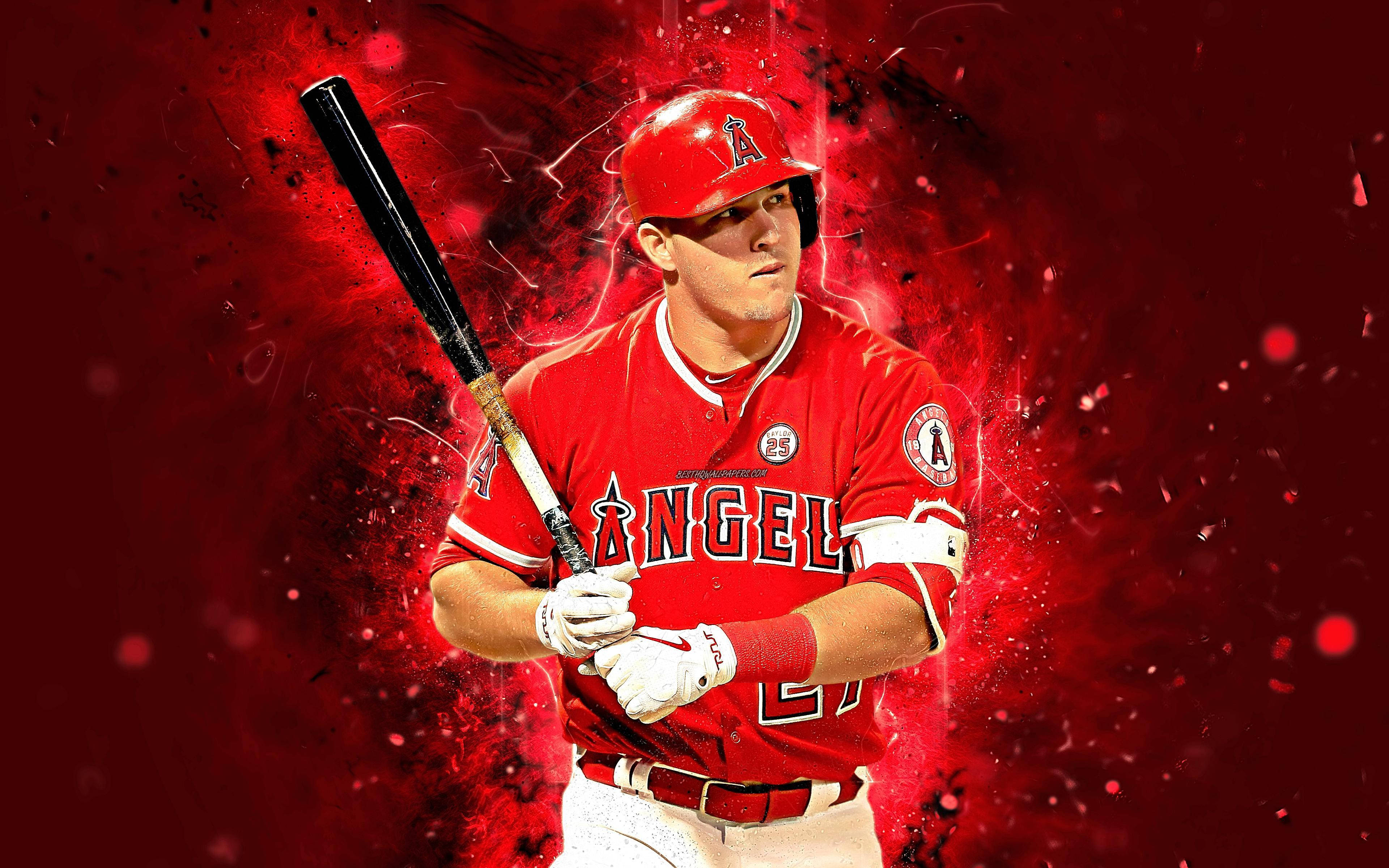 angels 桌布 壁紙 — 身穿紅色天使隊球衣的棒球選手在爆炸性紅色能量粒子中緊握球棒。
