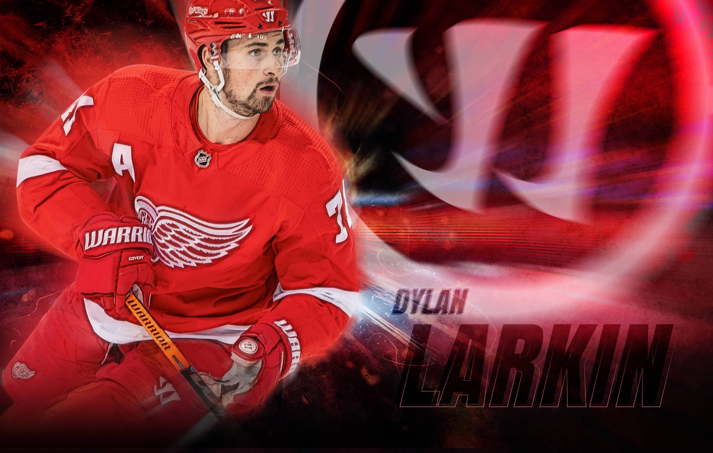 hockey 桌布 壁紙 — 身穿紅色底特律紅翼裝備的冰球運動員Dylan Larkin在熾熱的紅色抽象背景前動態擺姿勢，帶有發光的條紋。
