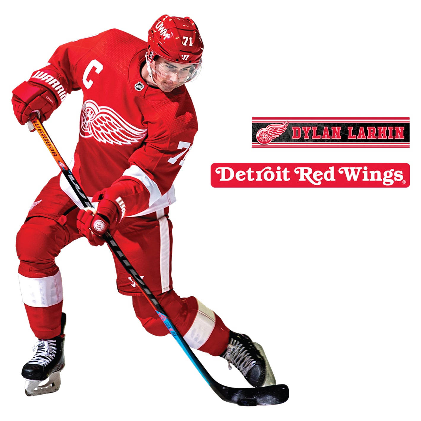 hockey 桌布 壁紙 — 身穿紅色底特律紅翼隊服的冰球運動員Dylan Larkin在白色背景上持桿滑冰。