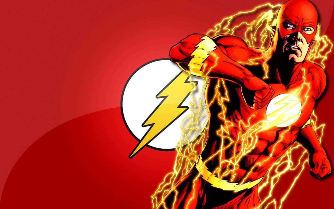 超級英雄 桌布 壁紙 — 身穿紅色戰衣、帶有黃色閃電的閃電俠超級英雄，在鮮明的紅色背景上動態奔跑。