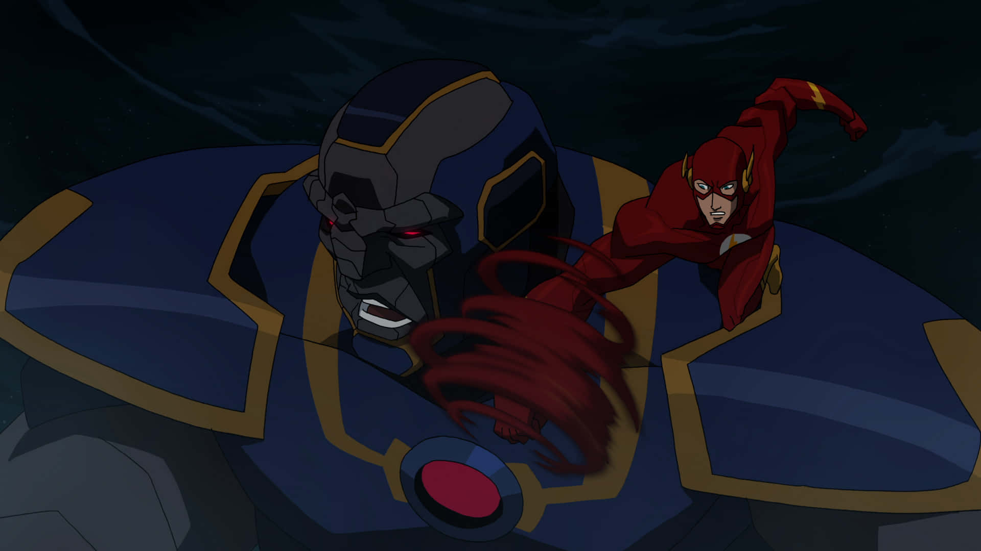 Justice League War 桌布 壁紙 — 身穿紅色戰衣的The Flash在黑暗風暴背景下拳擊一個擁有發光紅眼的巨型裝甲反派。