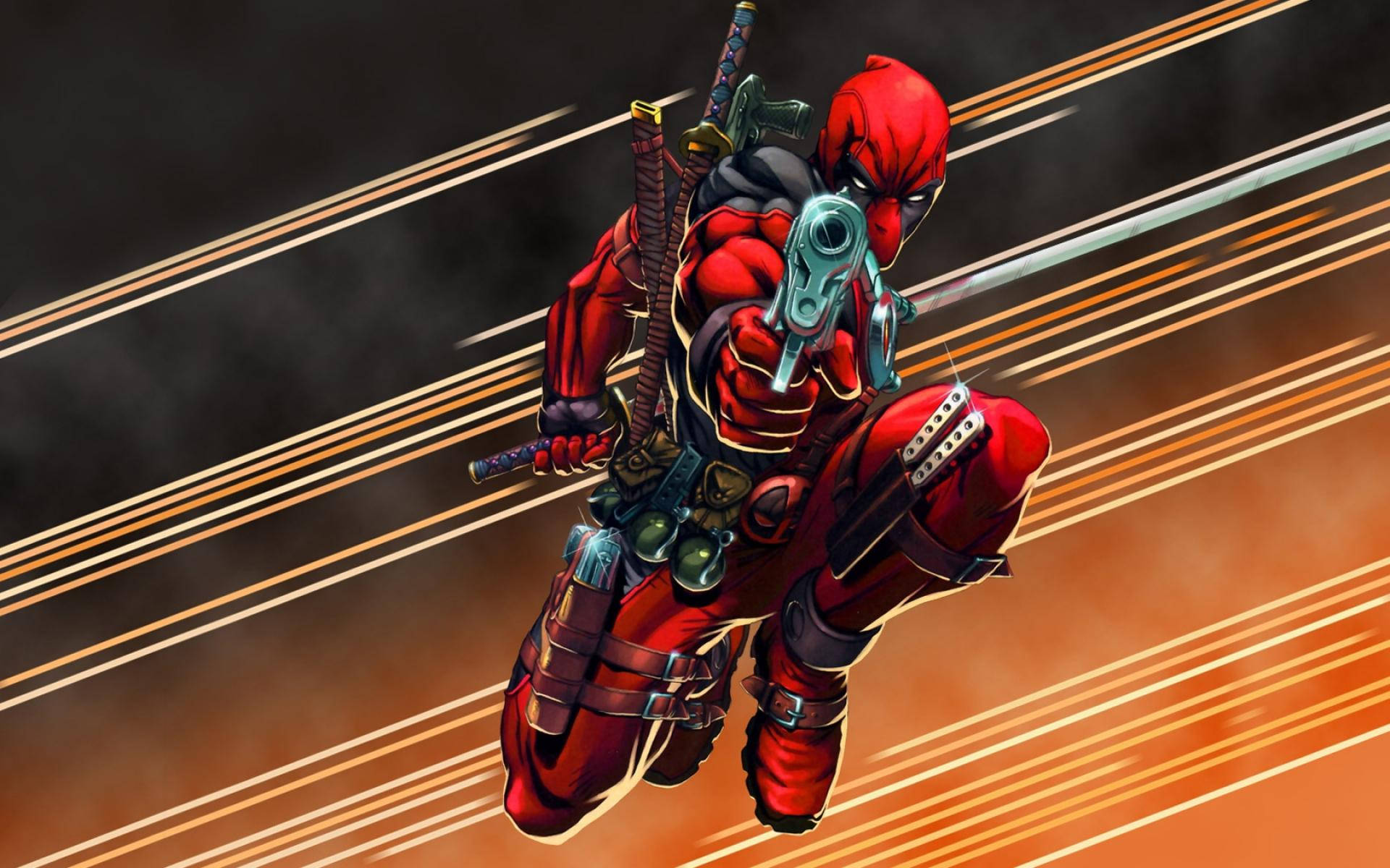 4K deadpool 桌布 壁紙 — 身穿紅色戰衣的死侍在橙色和黑色條紋動態模糊背景前動態跳躍。