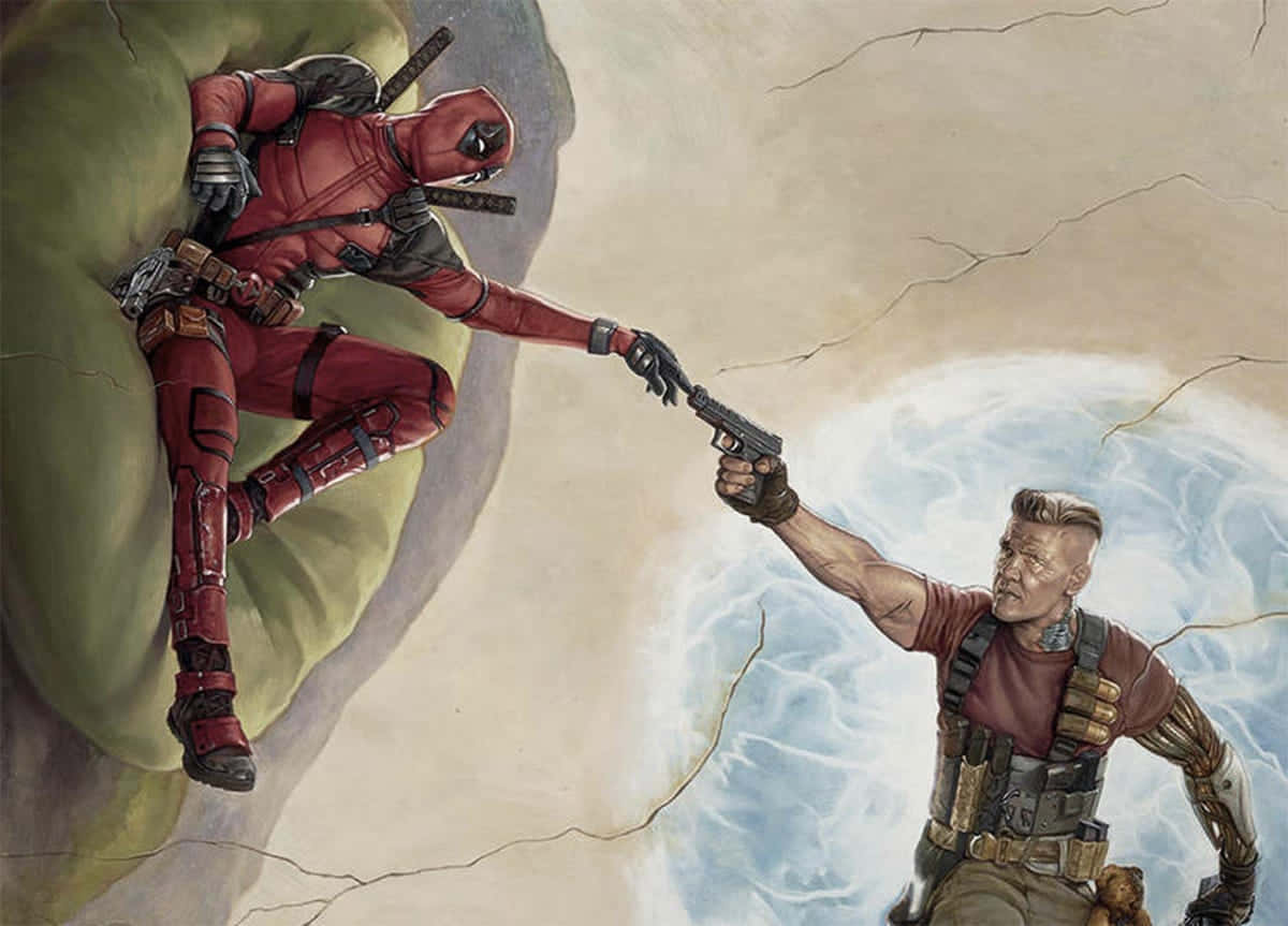 Deadpool And Cable 桌布 壁紙 — 身穿紅色戰衣的死侍從綠色岩石中伸出手，而機堡則在裂開的天空背景下用槍指向他。