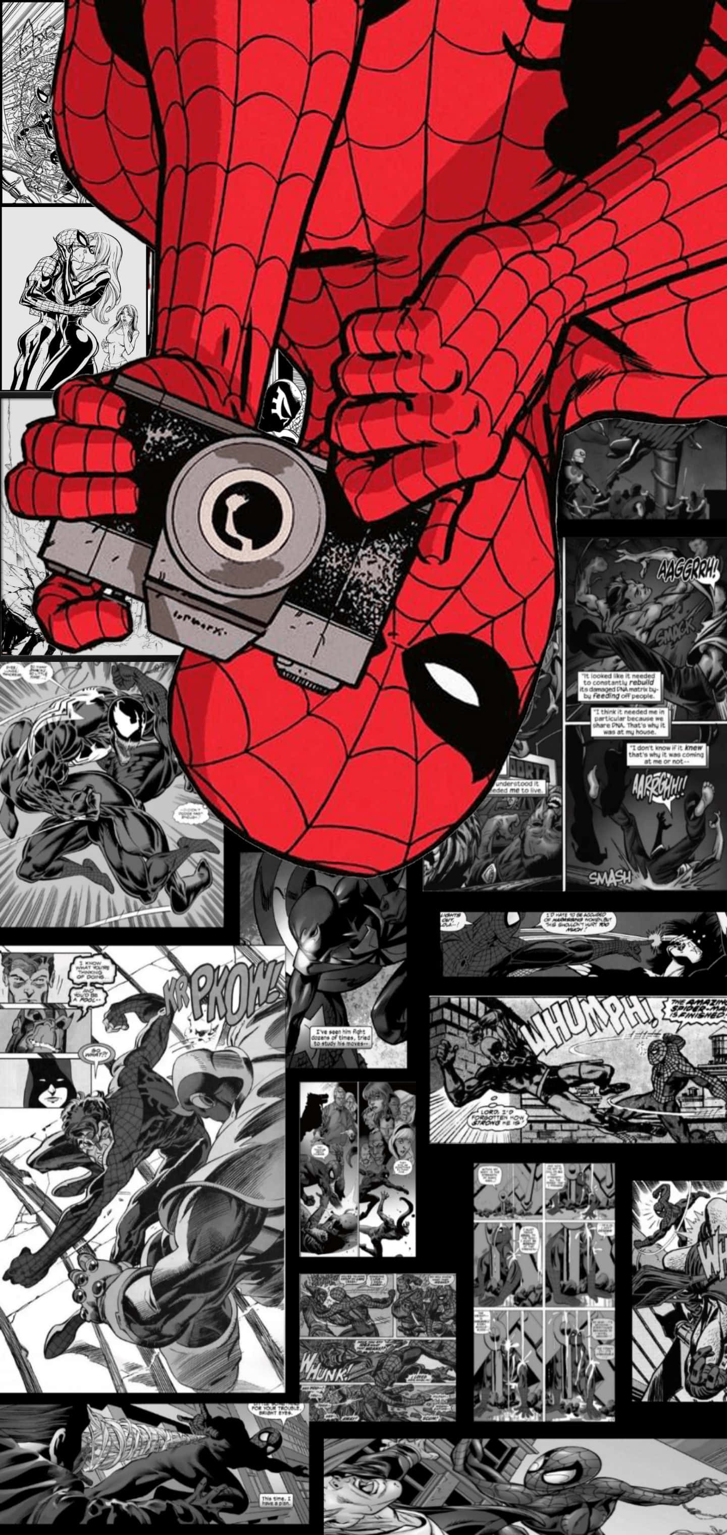 Black And White Comic 桌布 壁紙 — 身穿紅色戰衣的蜘蛛人主宰著一個由黑白動作場景和音效組成的漫畫面板拼貼畫。