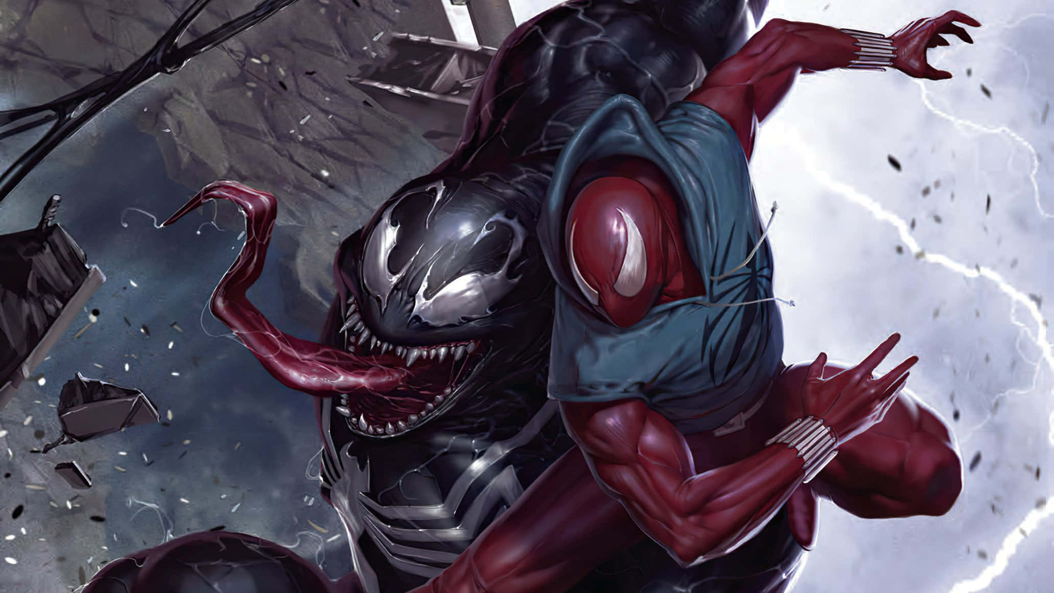 Venom Comic Book 桌布 壁紙 — 身穿紅色戰衣的蜘蛛人在破碎的碎片和閃電中與猛毒搏鬥。