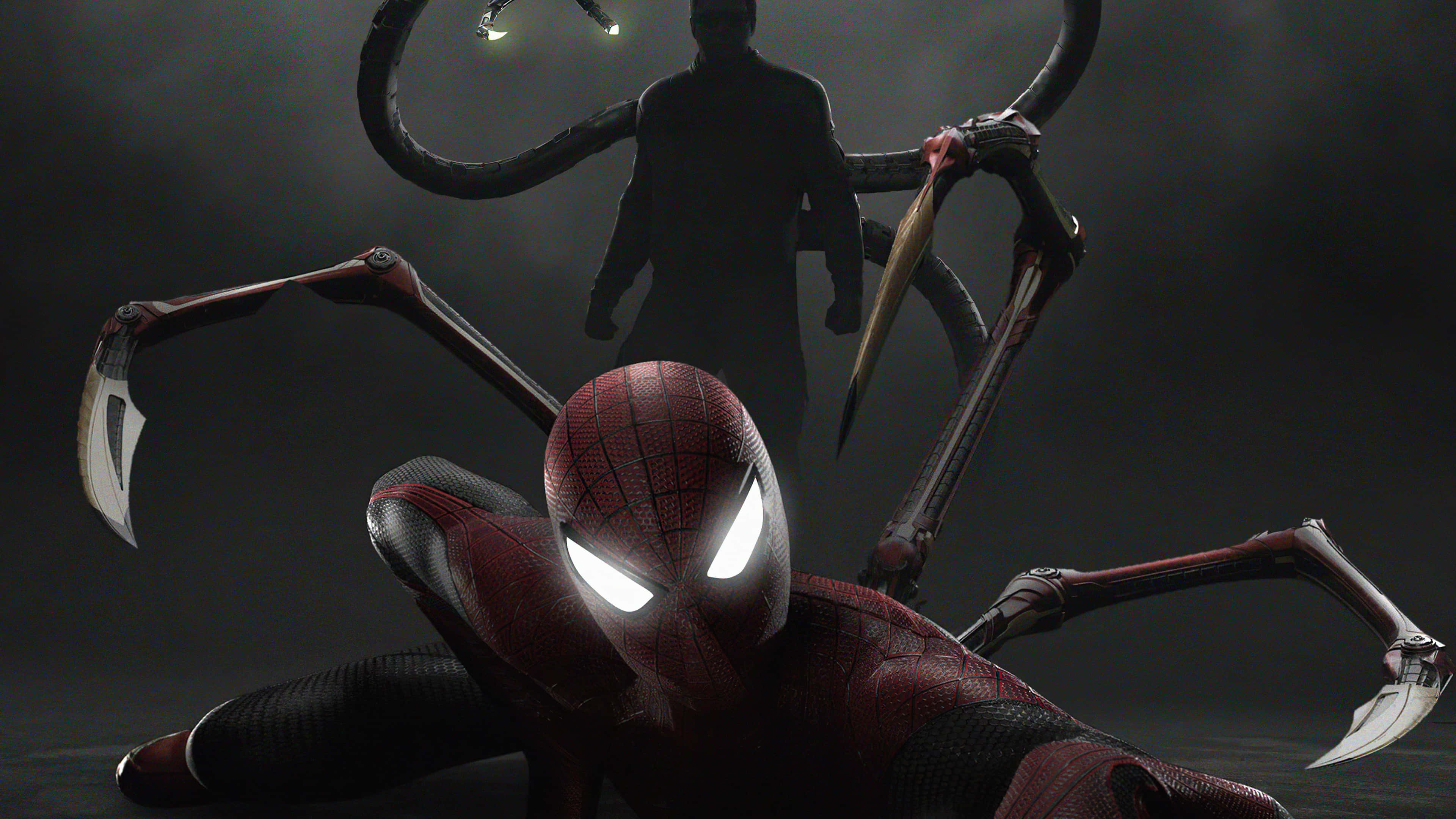 Superior Spider-man 桌布 壁紙 — 身穿紅色戰衣的蜘蛛人防禦性地蹲下，面對著擁有機械臂的八爪博士那逼近的黑暗剪影。
