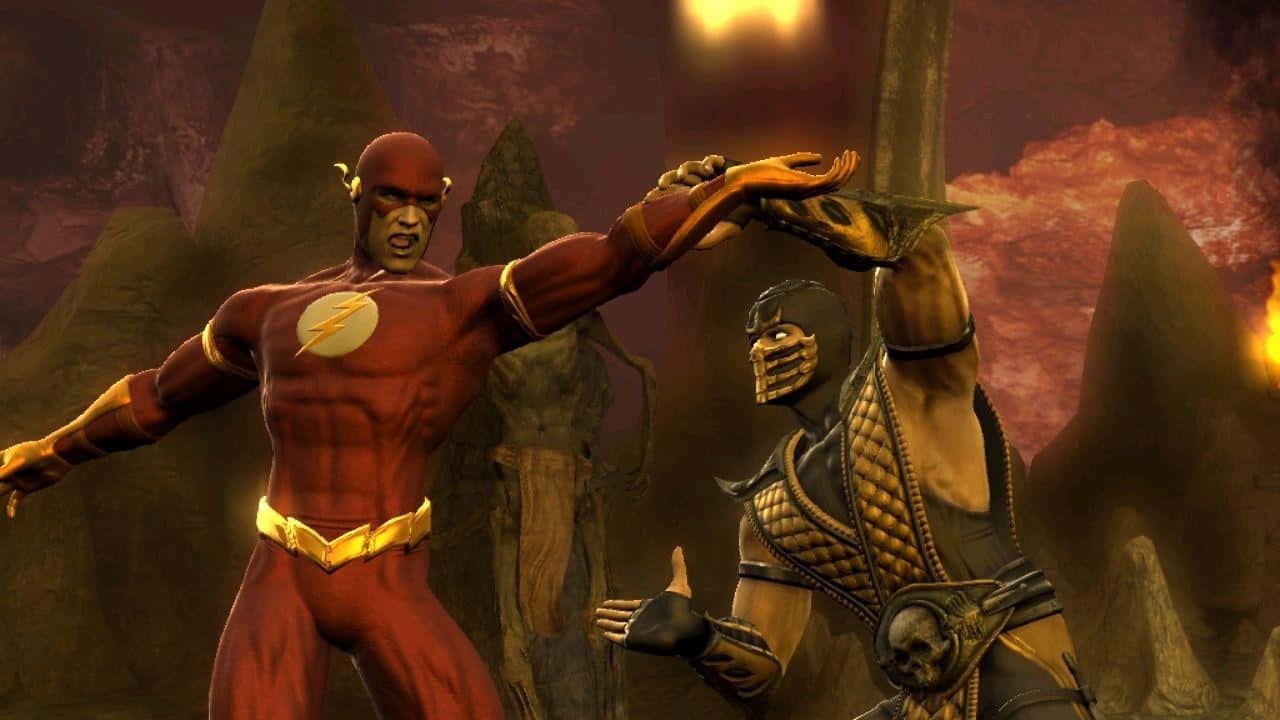 Mortal Kombat Vs Dc Universe 桌布 壁紙 — 身穿紅色戰衣的閃電俠在熾熱岩石競技場與蒙面戰士交鋒。