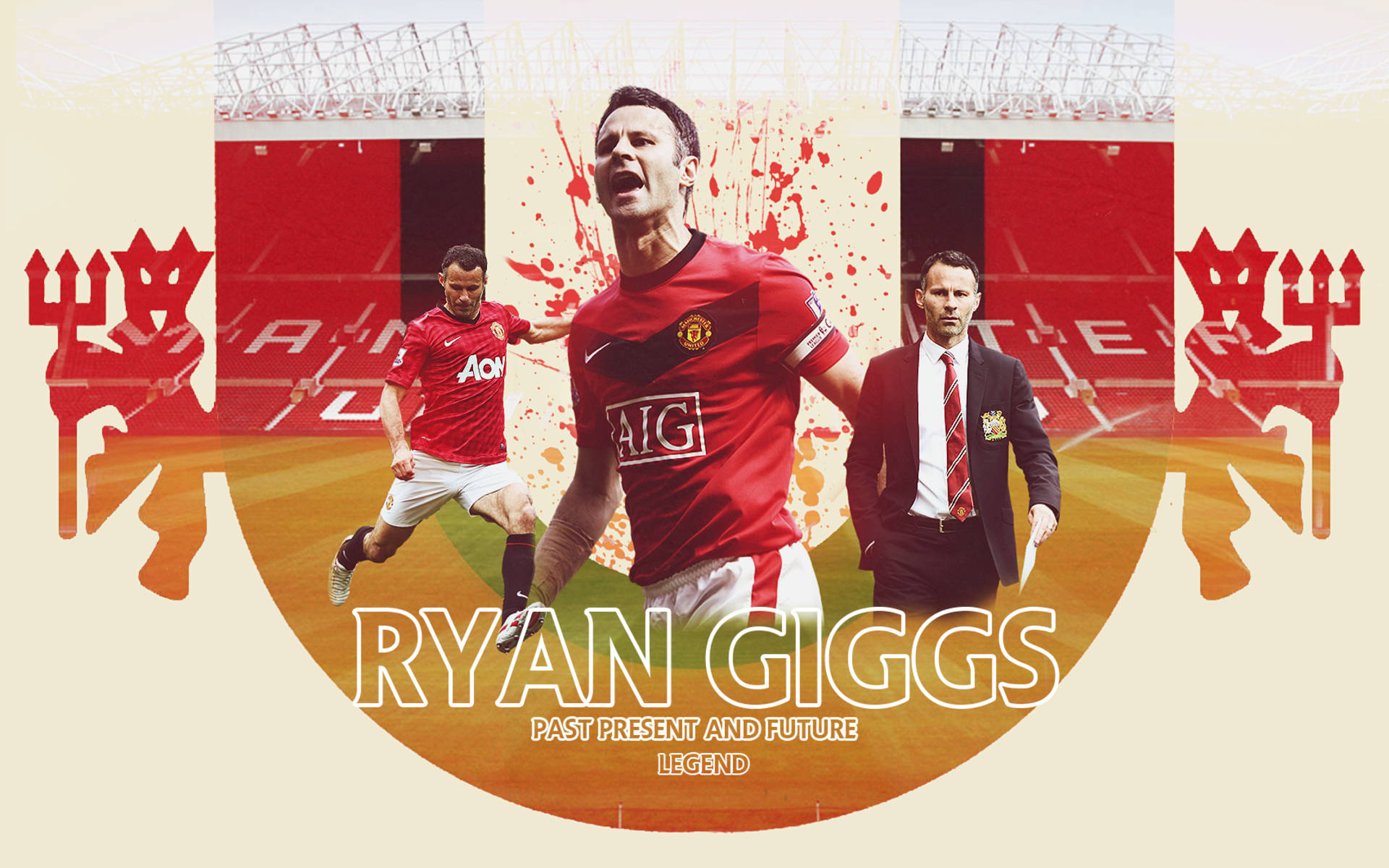 Ryan Giggs 桌布 壁紙 — 身穿紅色曼聯球衣的瑞恩·吉格斯在球場背景下與隊友慶祝，並附有會徽和文字。