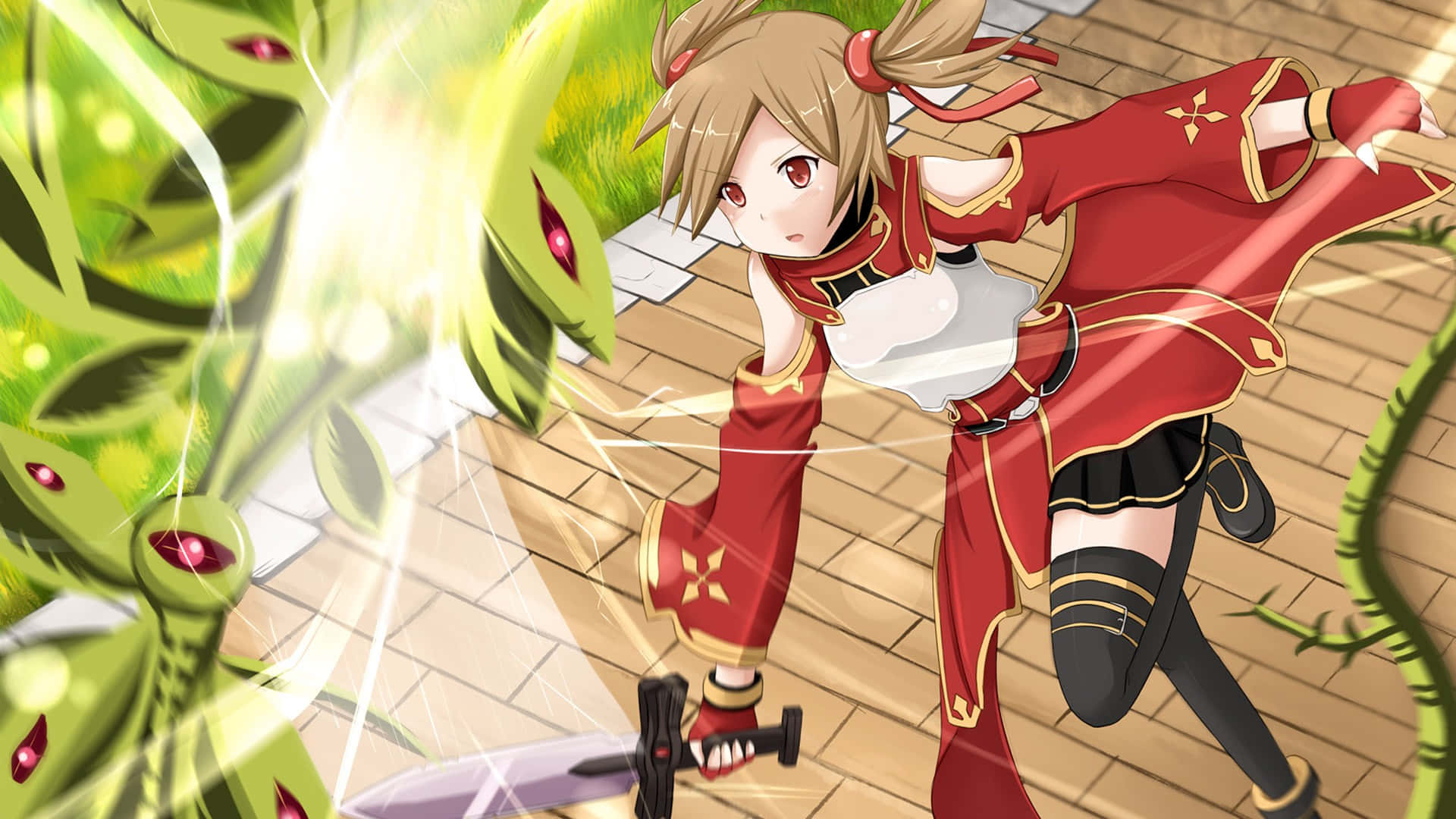 Sao 桌布 壁紙 — 身穿紅色服裝的動漫女孩在瓷磚地上拔劍與發光的綠色植物怪物戰鬥。