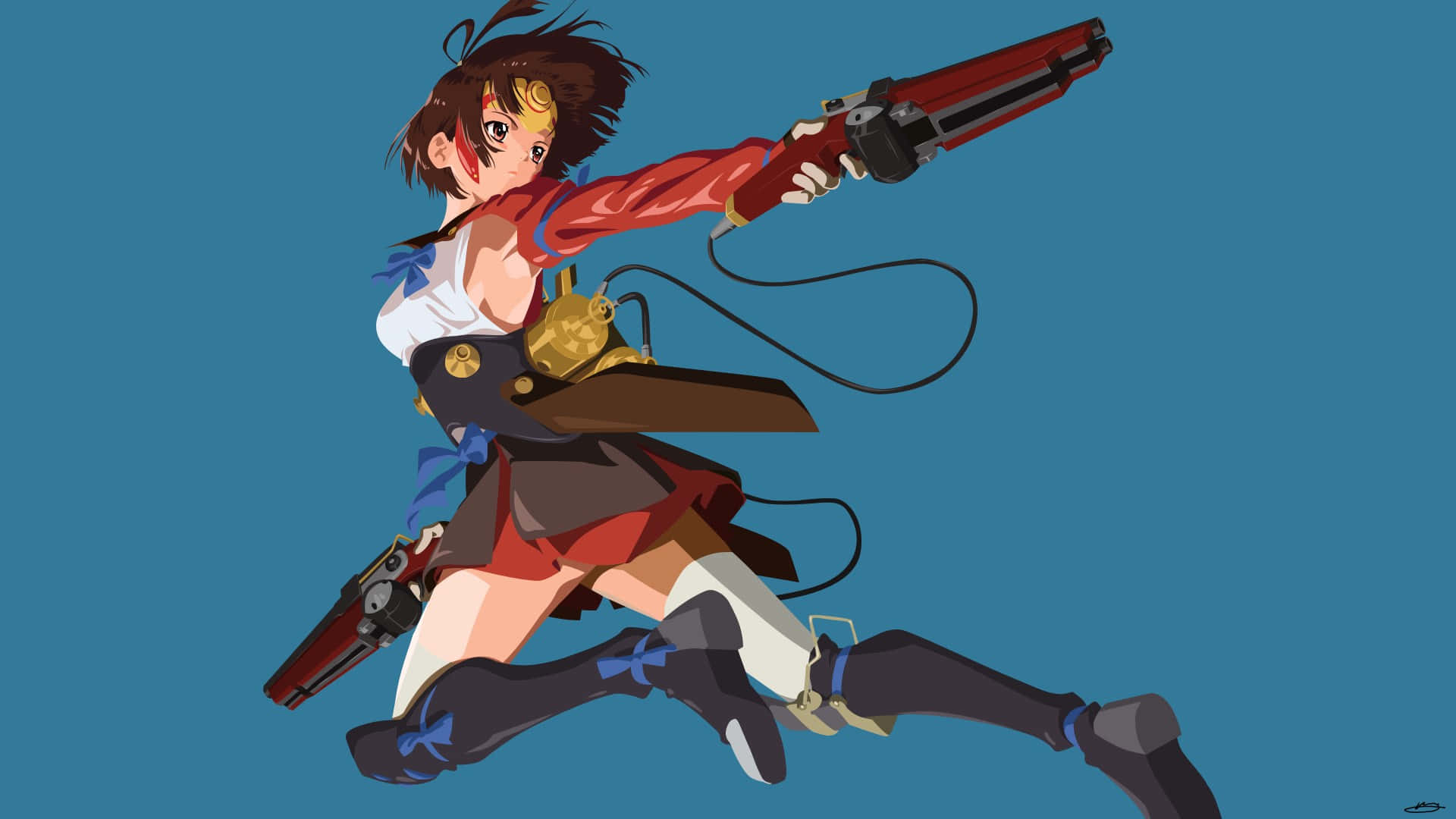 Kabaneri Of The Iron Fortress 桌布 壁紙 — 身穿紅色服裝的動漫女孩在純藍色背景上跳躍時瞄準雙槍。