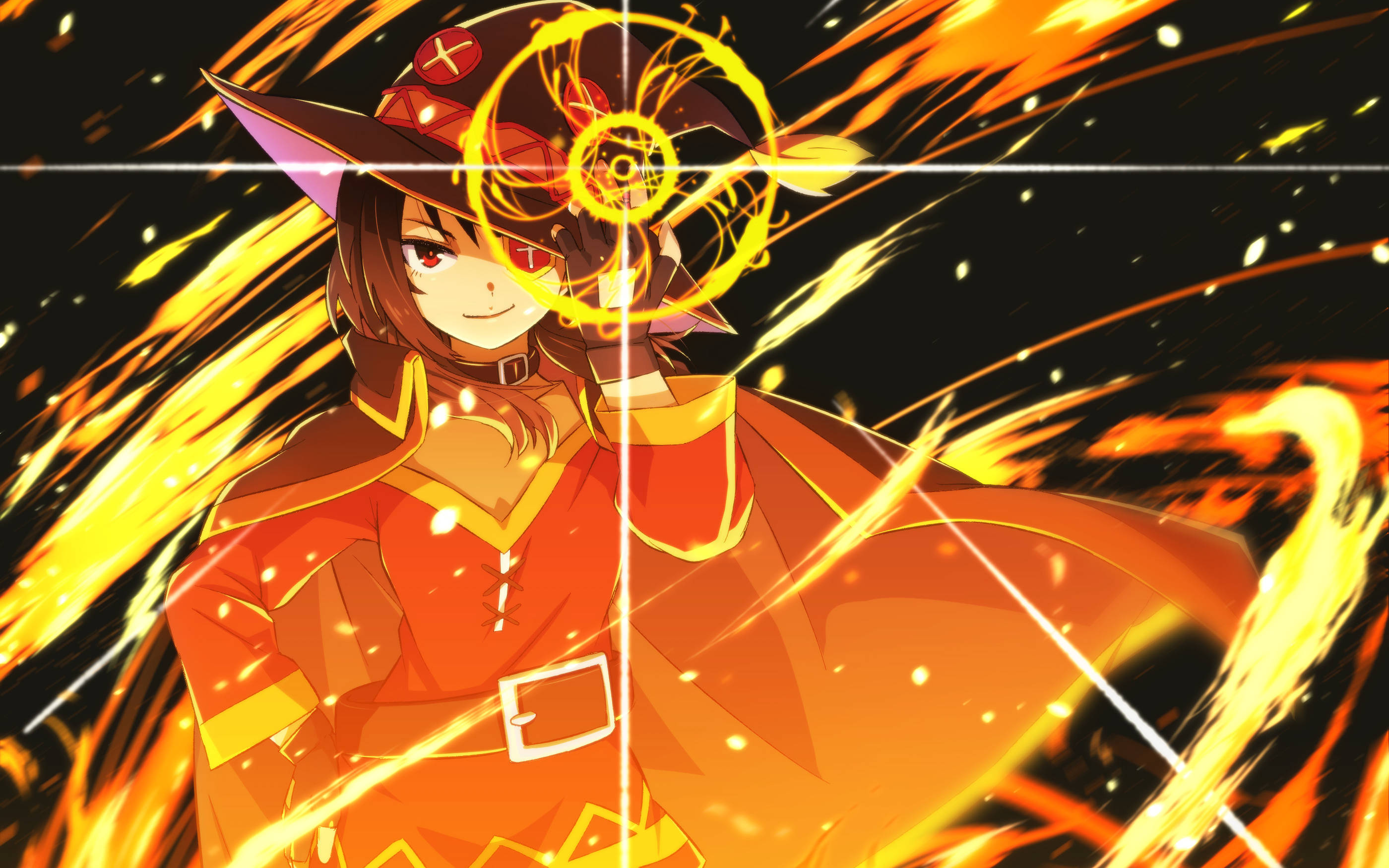 Konosuba 桌布 壁紙 — 身穿紅色服裝的動漫女孩在黑暗背景中揮舞著發光的黃色魔法武器，背景有火焰條紋。