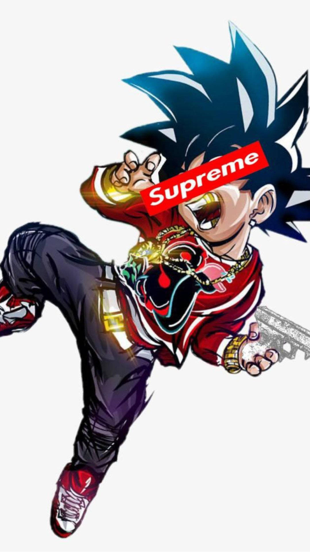 Goku Swag 桌布 壁紙 — 身穿紅色服裝的動漫角色正在踢腿，額頭上有Supreme標誌和金鏈。