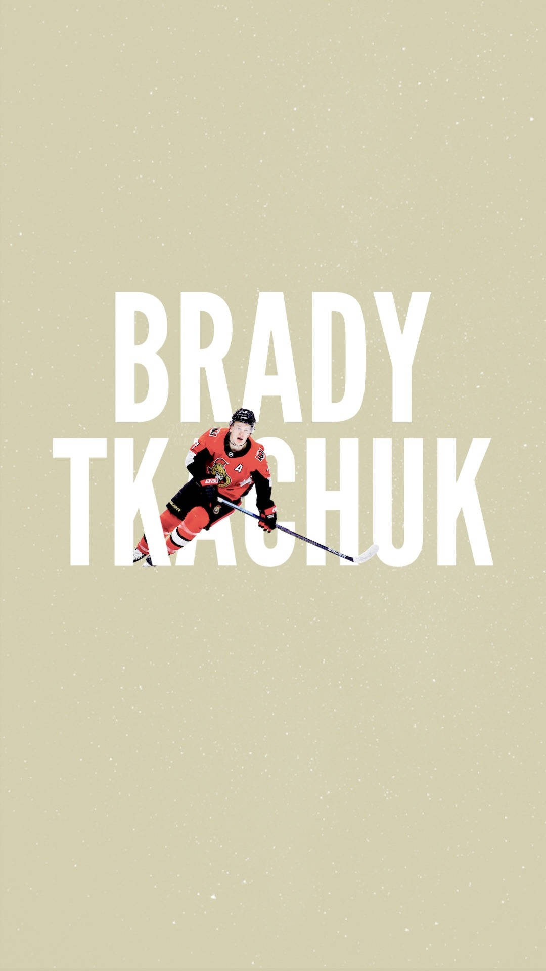 運動 桌布 壁紙 — 身穿紅色球衣的冰球運動員 Brady Tkachuk 在米色背景上滑過粗體白色文字。