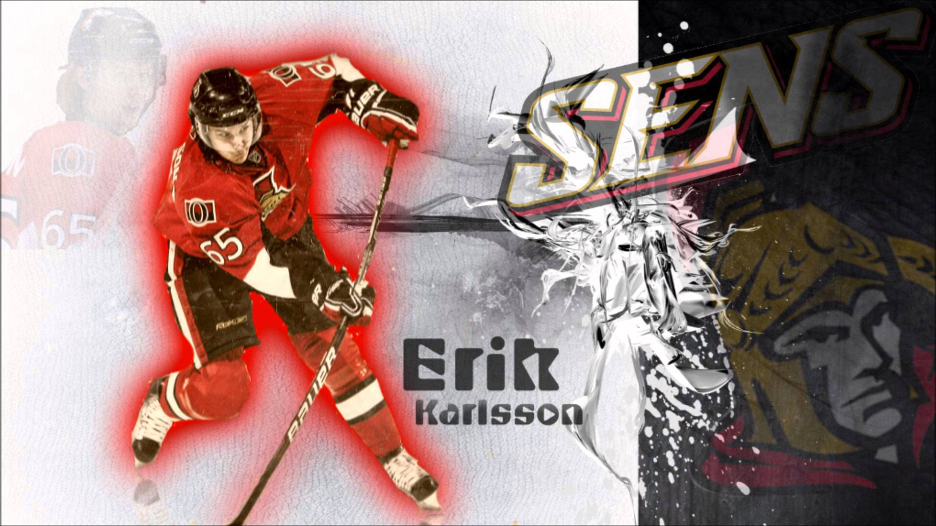 運動 桌布 壁紙 — 身穿紅色球衣的冰球運動員Erik Karlsson在風格化的球隊標誌背景下，手持球桿動態滑冰。
