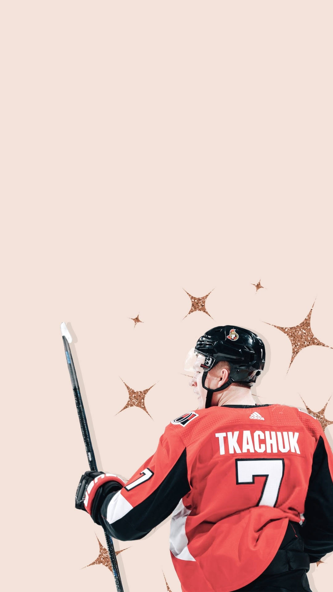 hockey 桌布 壁紙 — 身穿紅色球衣的冰球運動員Tkachuk在腮紅背景上拿著球棍，背景有閃爍星星。