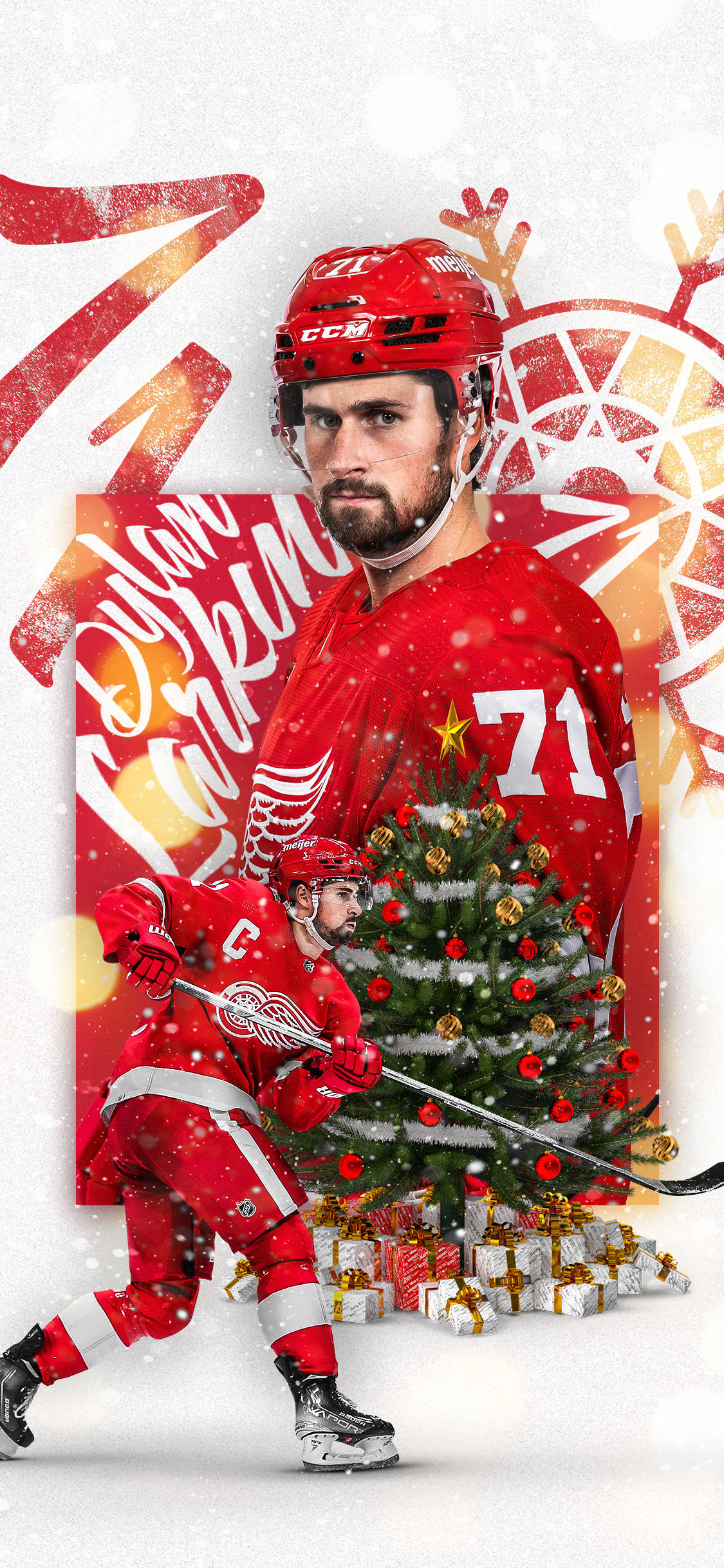hockey 桌布 壁紙 — 身穿紅色球衣的冰球運動員在裝飾華麗的聖誕樹旁擺姿勢，樹下有禮物和節日圖案。