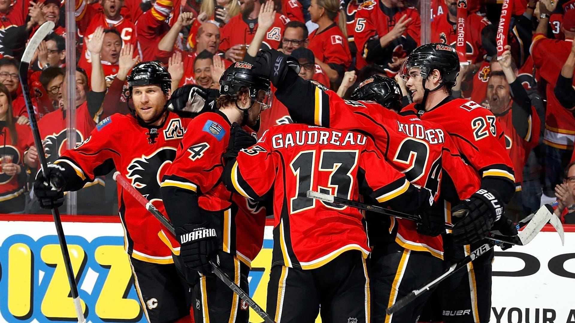 hockey 桌布 壁紙 — 身穿紅色球衣的曲棍球球員慶祝進球，背景有球迷歡呼。