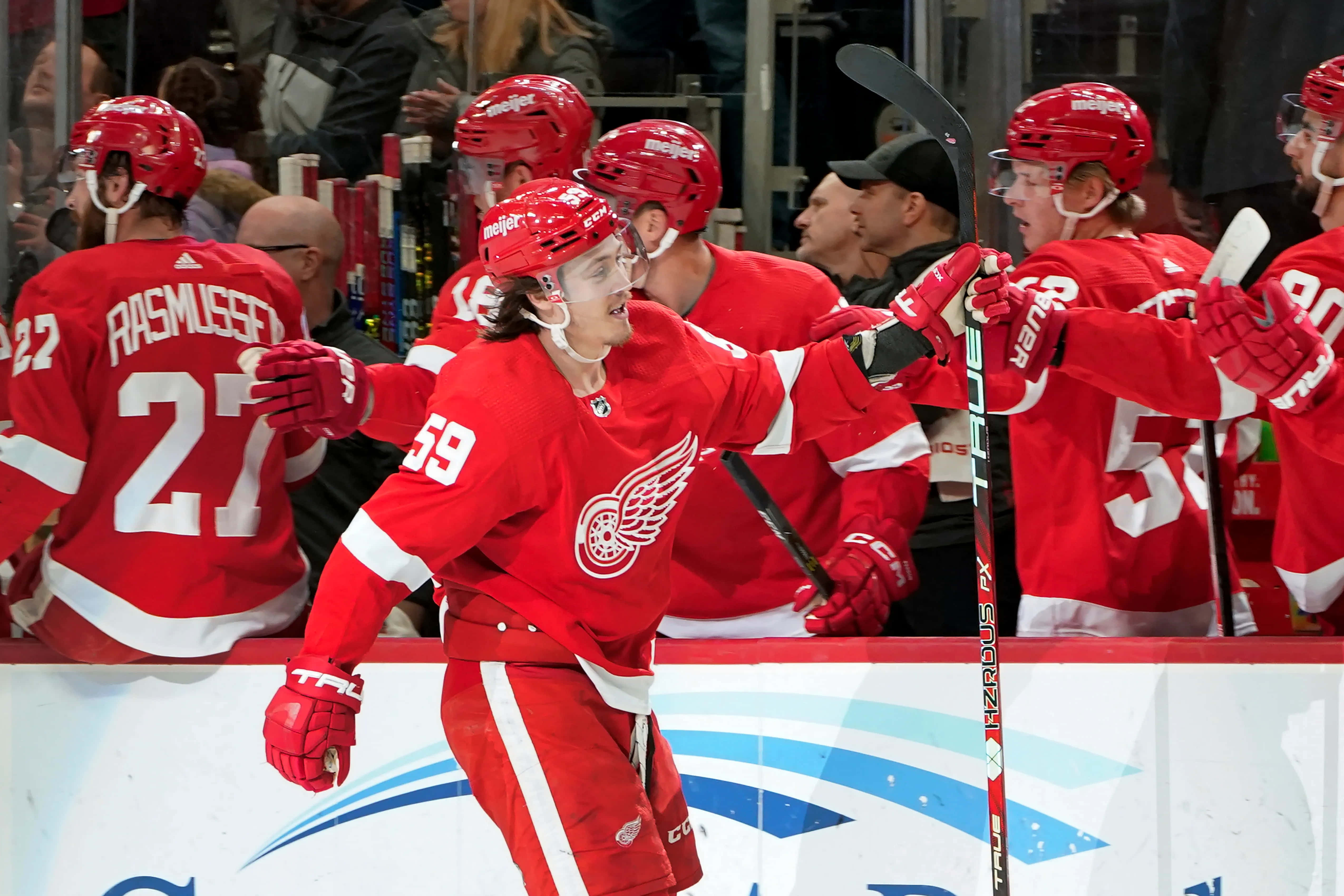 Tyler Bertuzzi 桌布 壁紙 — 身穿紅色球衣的曲棍球運動員在冰場邊高舉球棍、戴著頭盔熱情慶祝。