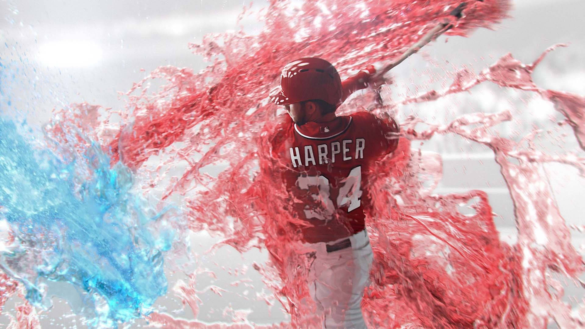 harper 桌布 壁紙 — 身穿紅色球衣的棒球運動員哈珀在明亮的背景下，在爆炸性的紅色和藍色液體飛濺中揮動球棒。