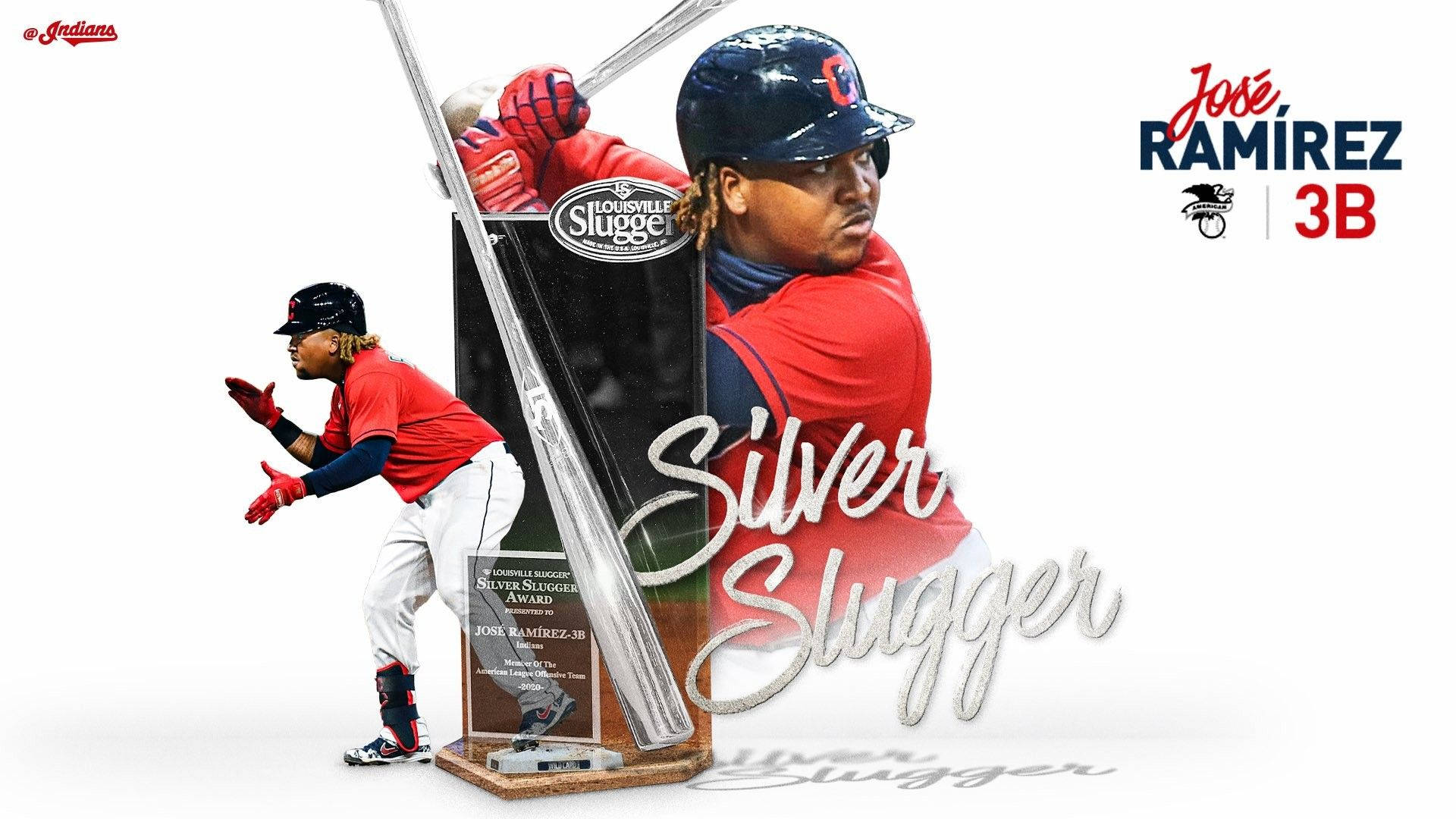 Jose Ramirez 桌布 壁紙 — 身穿紅色球衣的棒球選手 Jose Ramirez 在純白背景前與他的 Silver Slugger Award 獎盃合影。