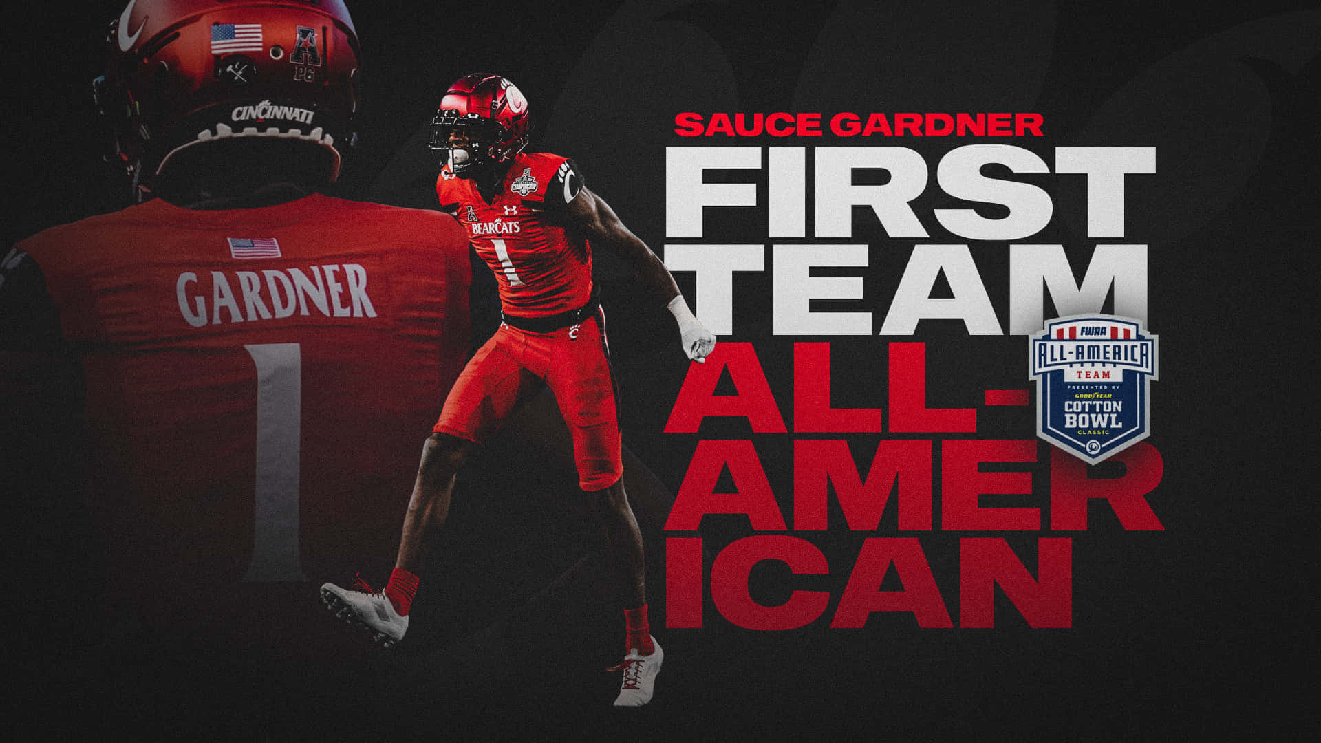 足球 桌布 壁紙 — 身穿紅色球衣的足球員Sauce Gardner在慶祝，背景黑暗，'First Team All-American'文字佔據主導地位。