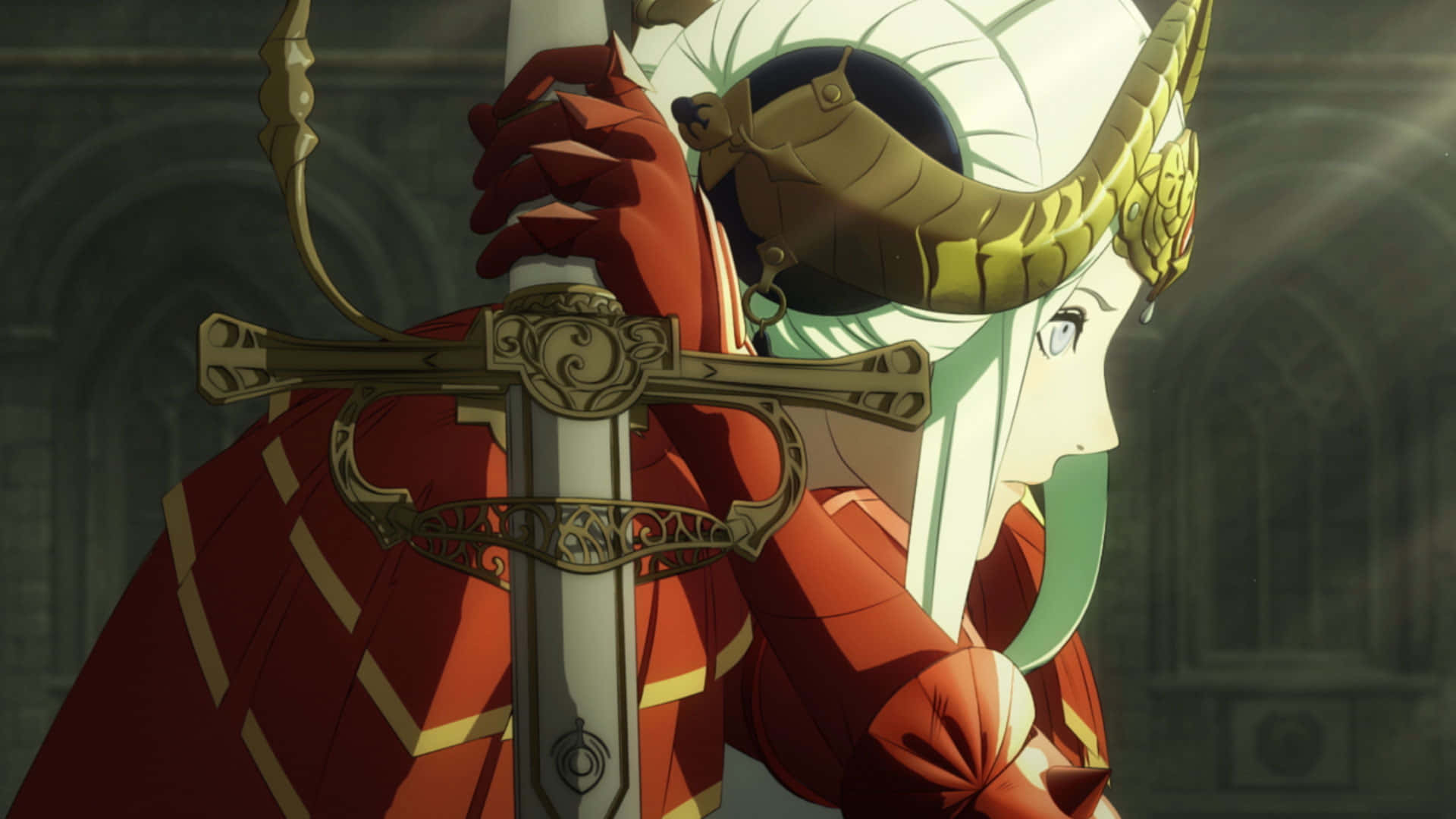 動漫風格的紅色盔甲騎士在哥德式大教堂中手持華麗的劍 — Fire Emblem Warriors 壁紙