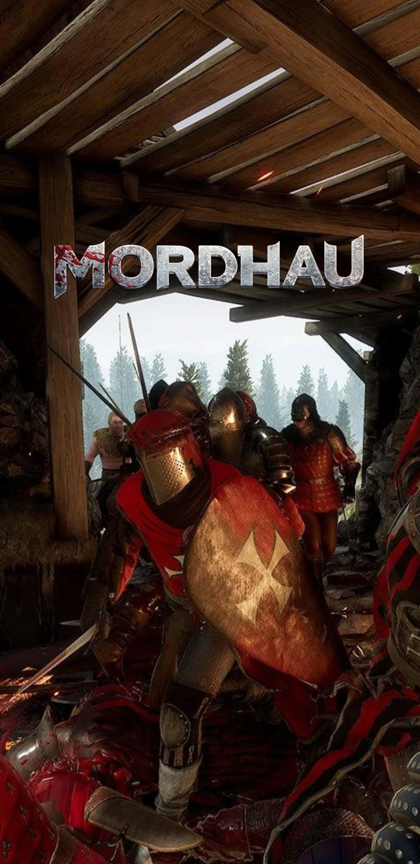 Pixel 3xl Mordhau 桌布 壁紙 — 身穿紅色盔甲的中世紀騎士在木結構內交戰，透過開口可以看到森林。