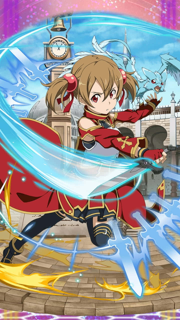 Sword Art Online Silica 桌布 壁紙 — 身穿紅色盔甲的動漫女孩在魔法能量和時鐘塔背景下揮舞著發光的藍色劍。