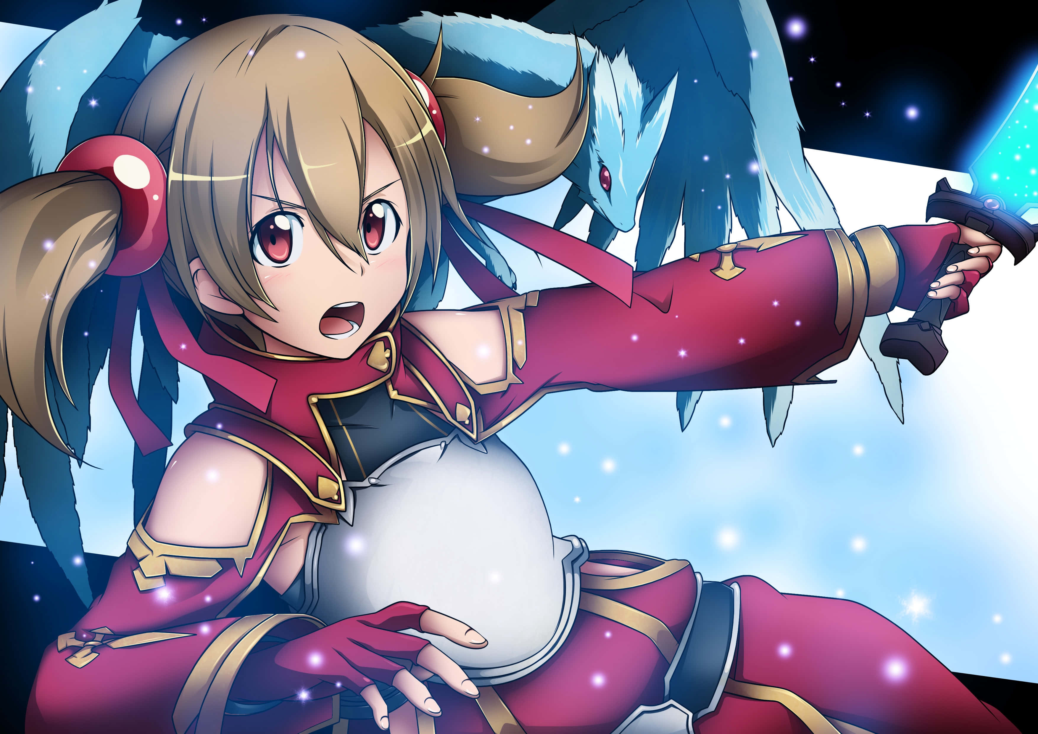 Sword Art Online Silica 桌布 壁紙 — 身穿紅色盔甲的動漫少女在星空背景下於藍龍旁邊揮舞發光劍。