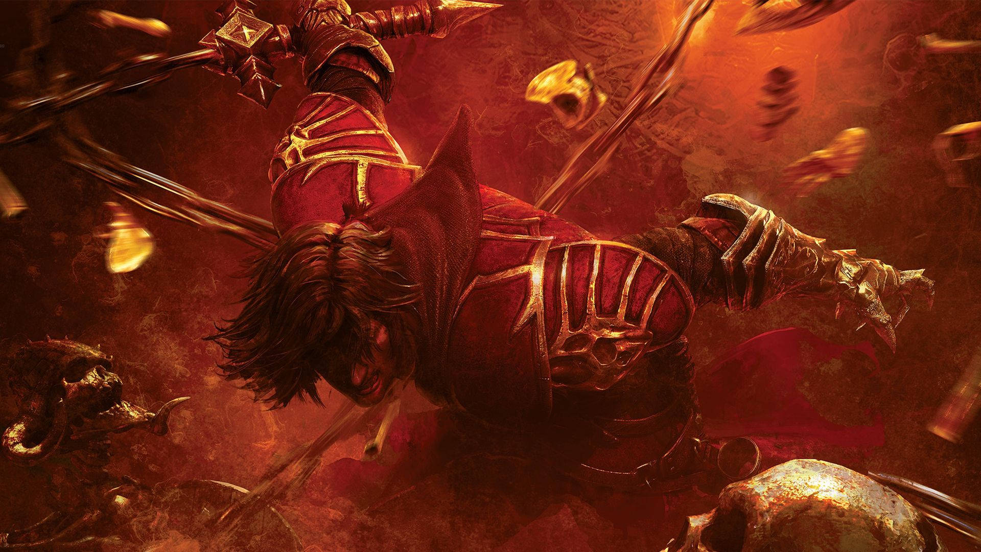 Castlevania 桌布 壁紙 — 身穿紅色盔甲的戰士在熾熱的地獄戰鬥場景中斬穿頭骨和骨頭。