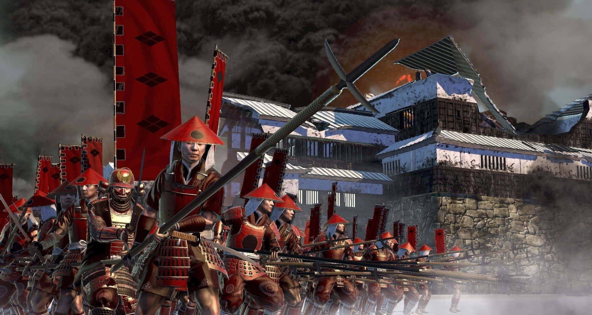Shogun 桌布 壁紙 — 身穿紅色盔甲的武士戰士在黑暗煙霧瀰漫的天空下，手持長矛向燃燒的堡壘前進。