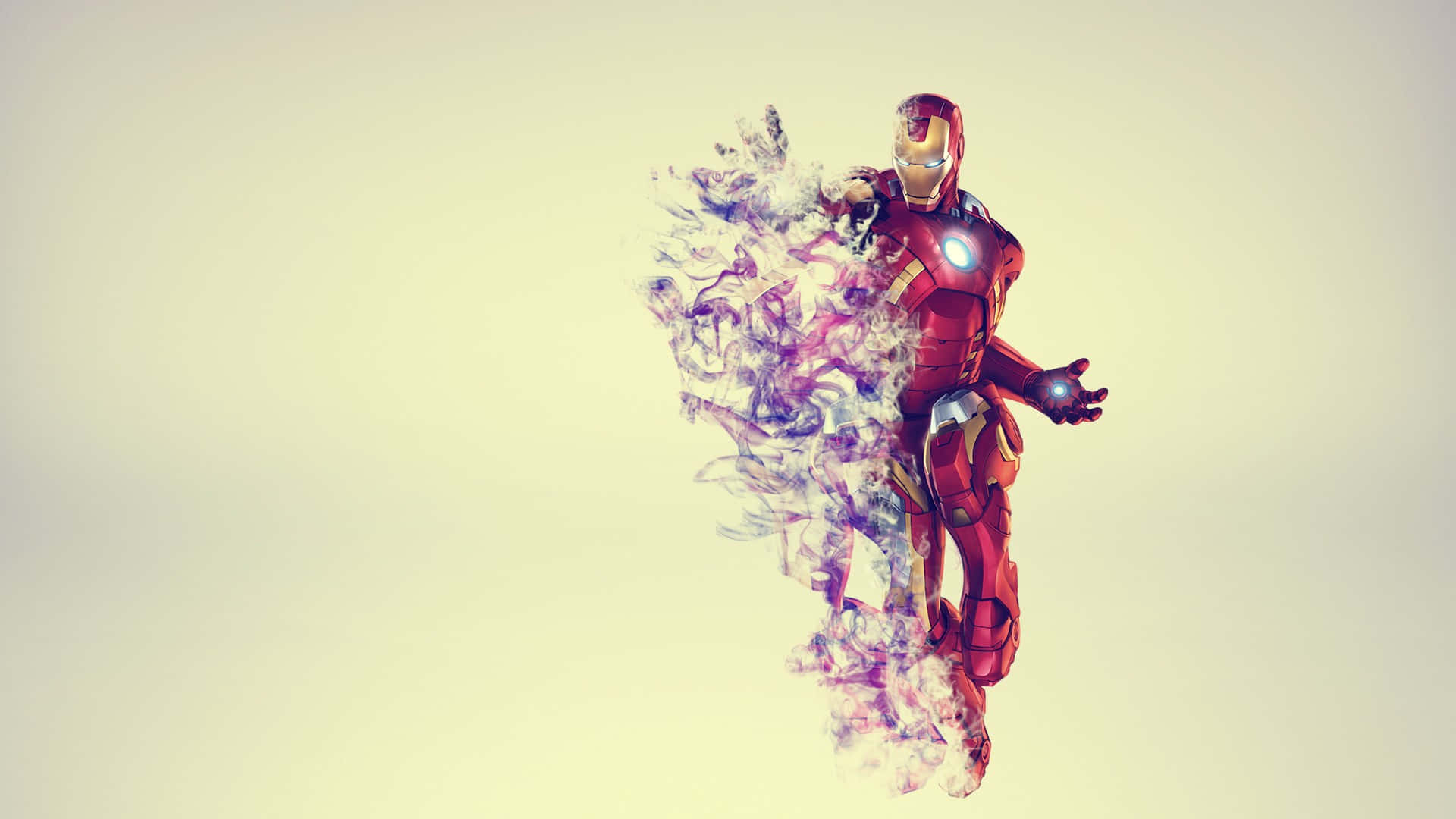 Iron Man Fan Art 桌布 壁紙 — 身穿紅色盔甲的鋼鐵人在柔和的米色背景上溶解成旋轉的紫色和白色粒子。