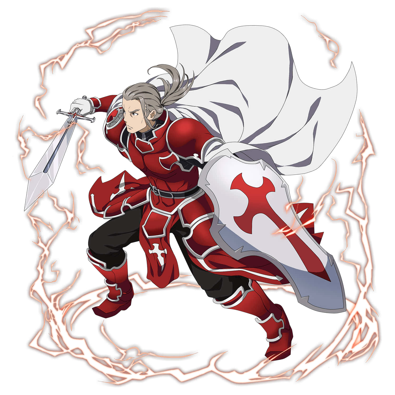 Sword Art Online Heathcliff 桌布 壁紙 — 身穿紅色盔甲的騎士揮舞劍與盾，周圍環繞著劈啪作響的閃電，呈現動態的動漫姿勢。
