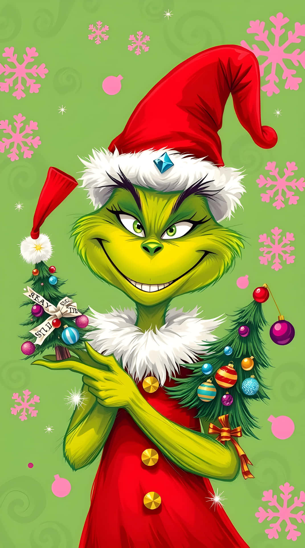 The Grinch in Santa outfit shows off a small decorated Christmas tree 壁紙 — 身穿紅色聖誕老人服裝的鬼靈精，在粉紅色雪花點綴的綠色背景前，手持兩棵裝飾好的小聖誕樹。