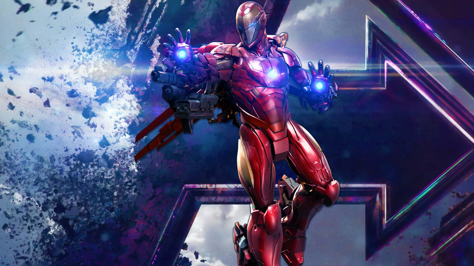 Iron Man Suit 桌布 壁紙 — 身穿紅色裝甲的鋼鐵人，在宇宙碎片中動態地站立，身後有發光的藍色斥力器和破碎的星域。