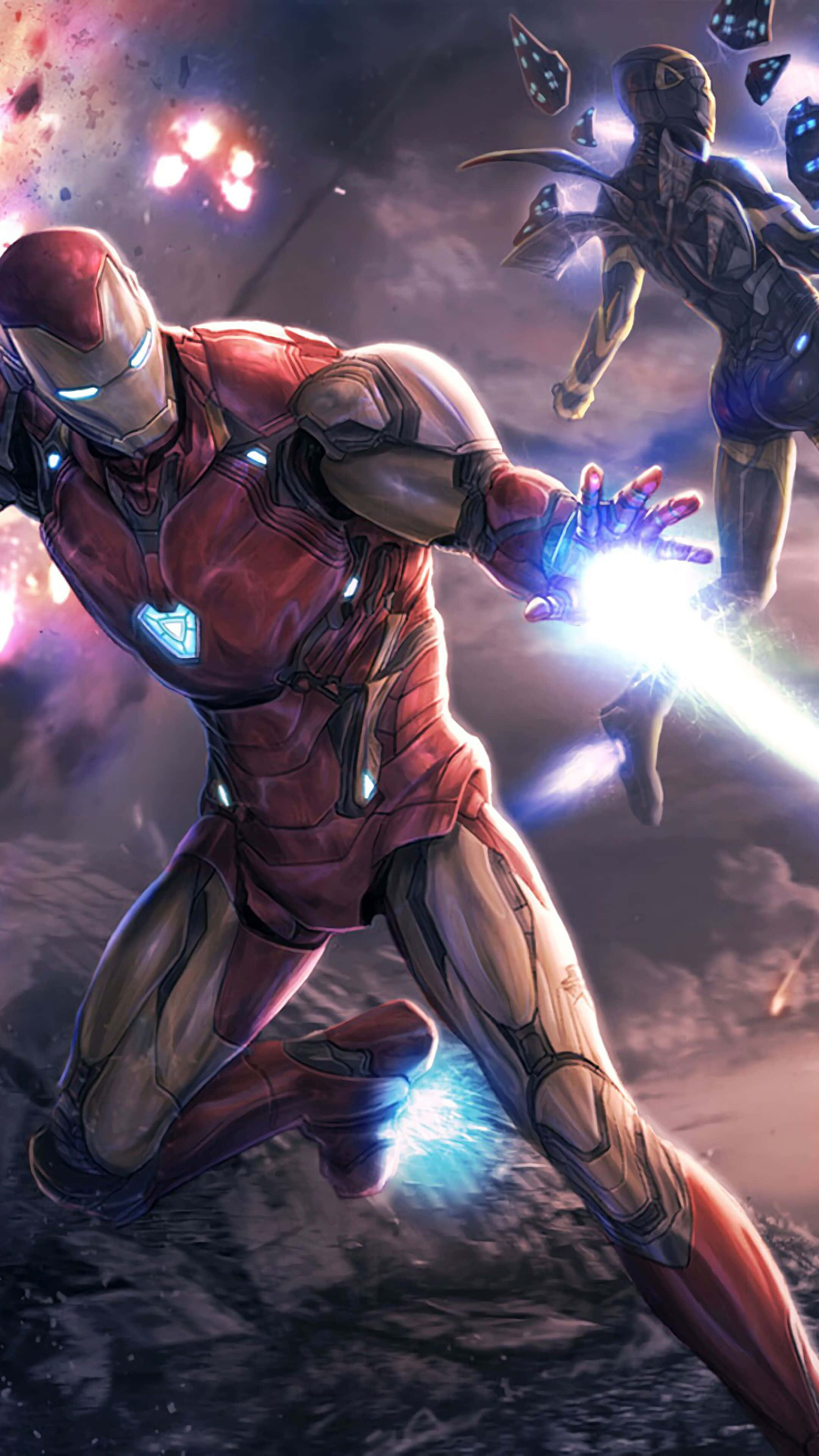 Best Iron Man 桌布 壁紙 — 身穿紅色裝甲的鋼鐵人在宇宙爆炸背景下與黑暗裝甲敵人戰鬥，發射斥力炮。
