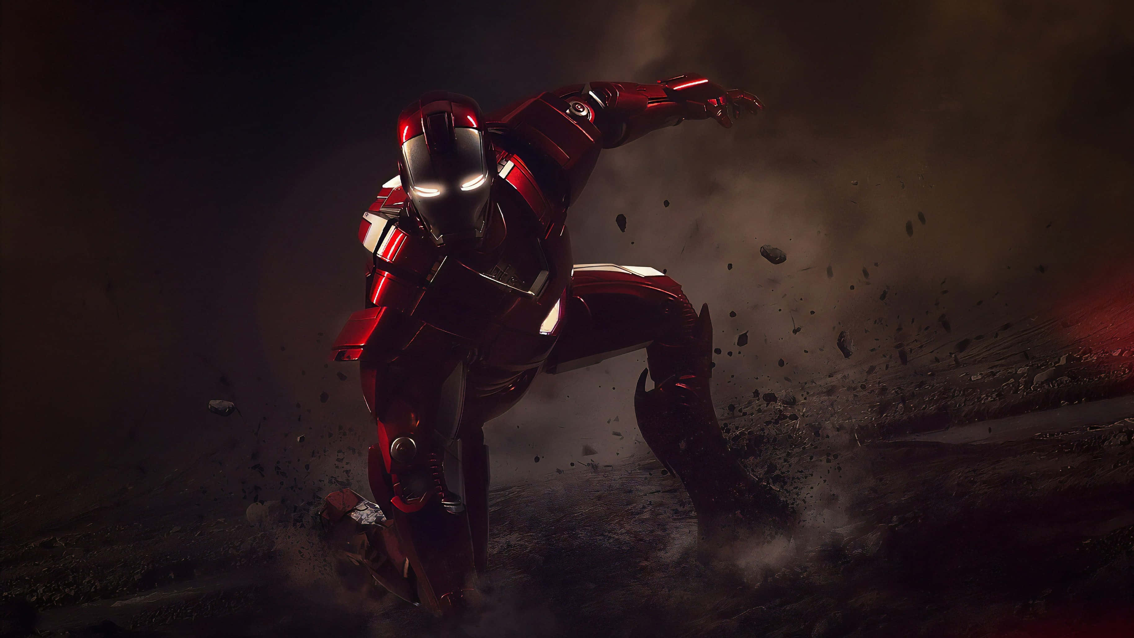 Iron Man Black And White 桌布 壁紙 — 身穿紅色裝甲的鋼鐵人穿過黑煙和瓦礫，以戲劇性的動作姿勢向前衝刺。