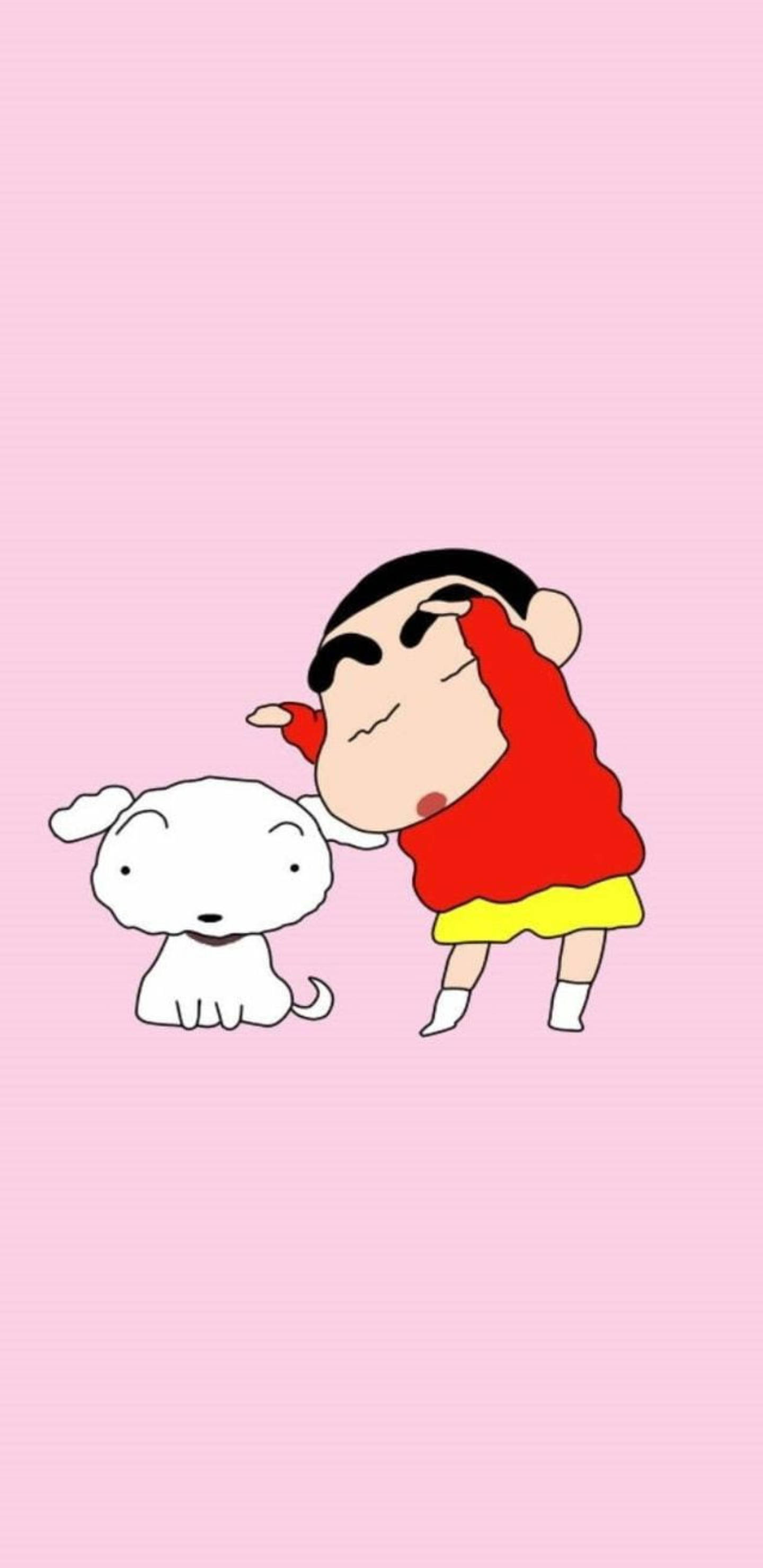 shinchan 桌布 壁紙 — 身穿紅色襯衫和黃色短褲的蠟筆小新在柔和的粉紅色背景前頑皮地擁抱他的白色小狗靜香。