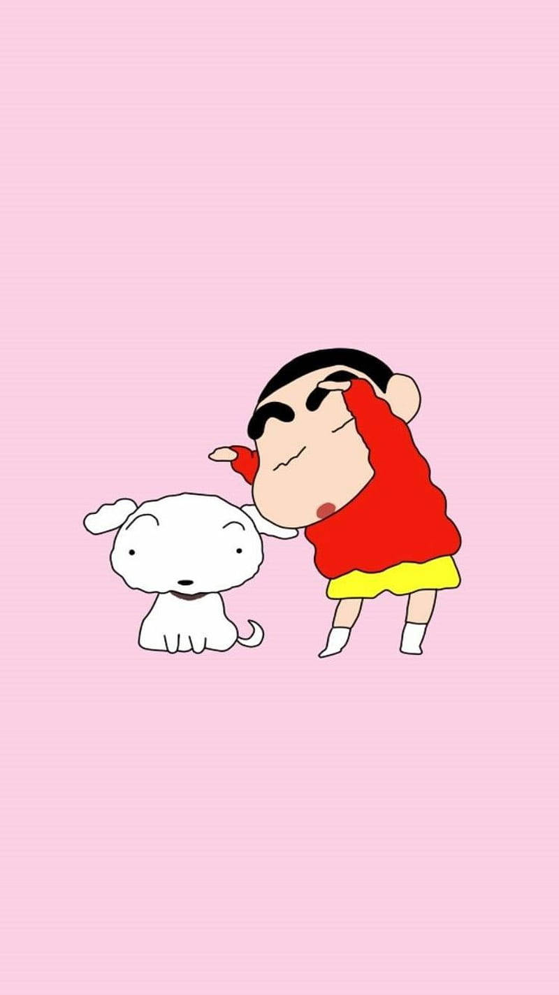 shinchan 桌布 壁紙 — 身穿紅色襯衫的蠟筆小新在柔和的粉紅色背景前擁抱他的白色小狗靜香。
