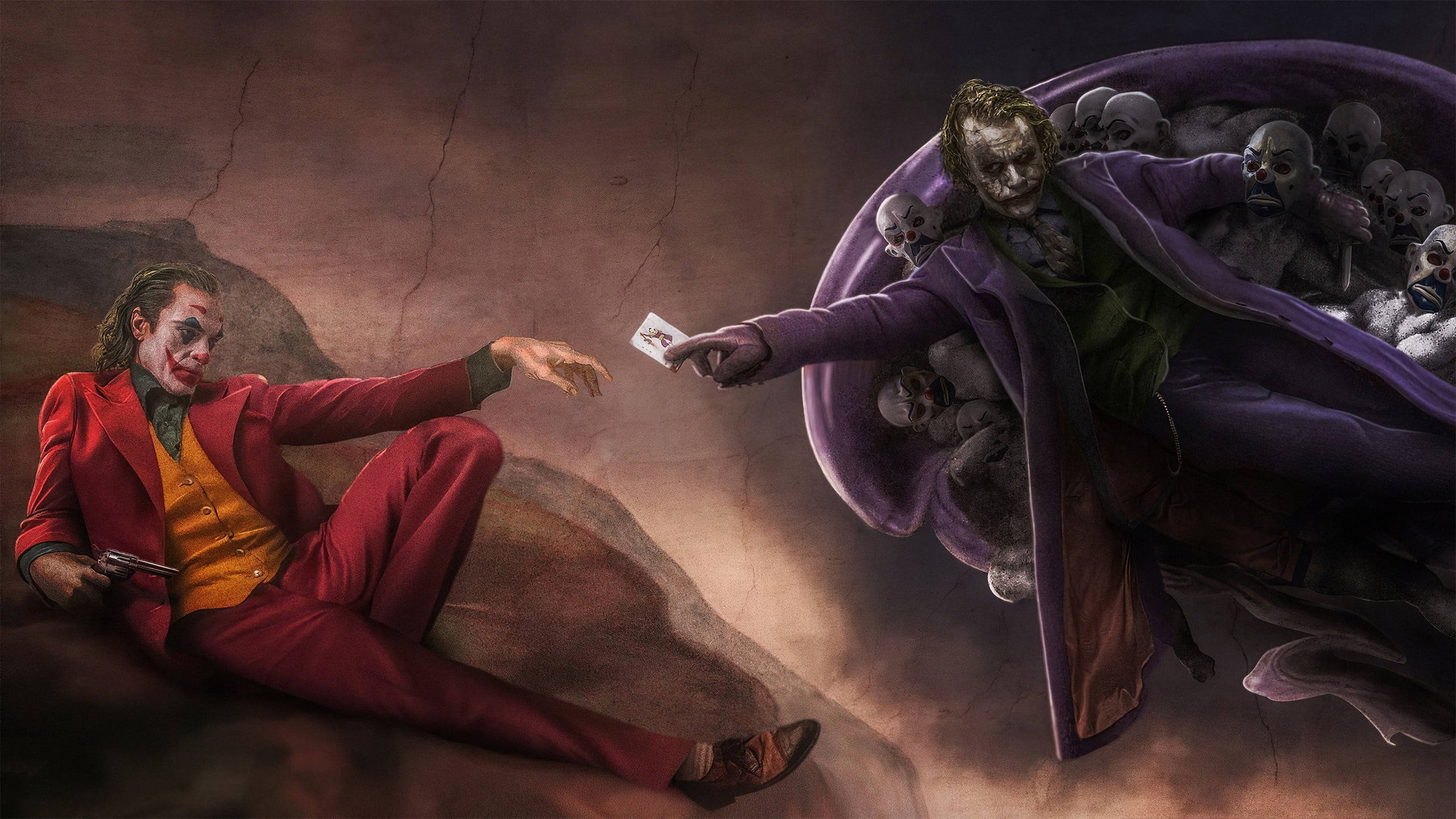 Heath Ledger Joker 桌布 壁紙 — 身穿紅色西裝的小丑伸手去拿一張卡，而一個穿著紫色長袍、帶有骷髏的人物在龜裂的大地背景下遞出卡片。