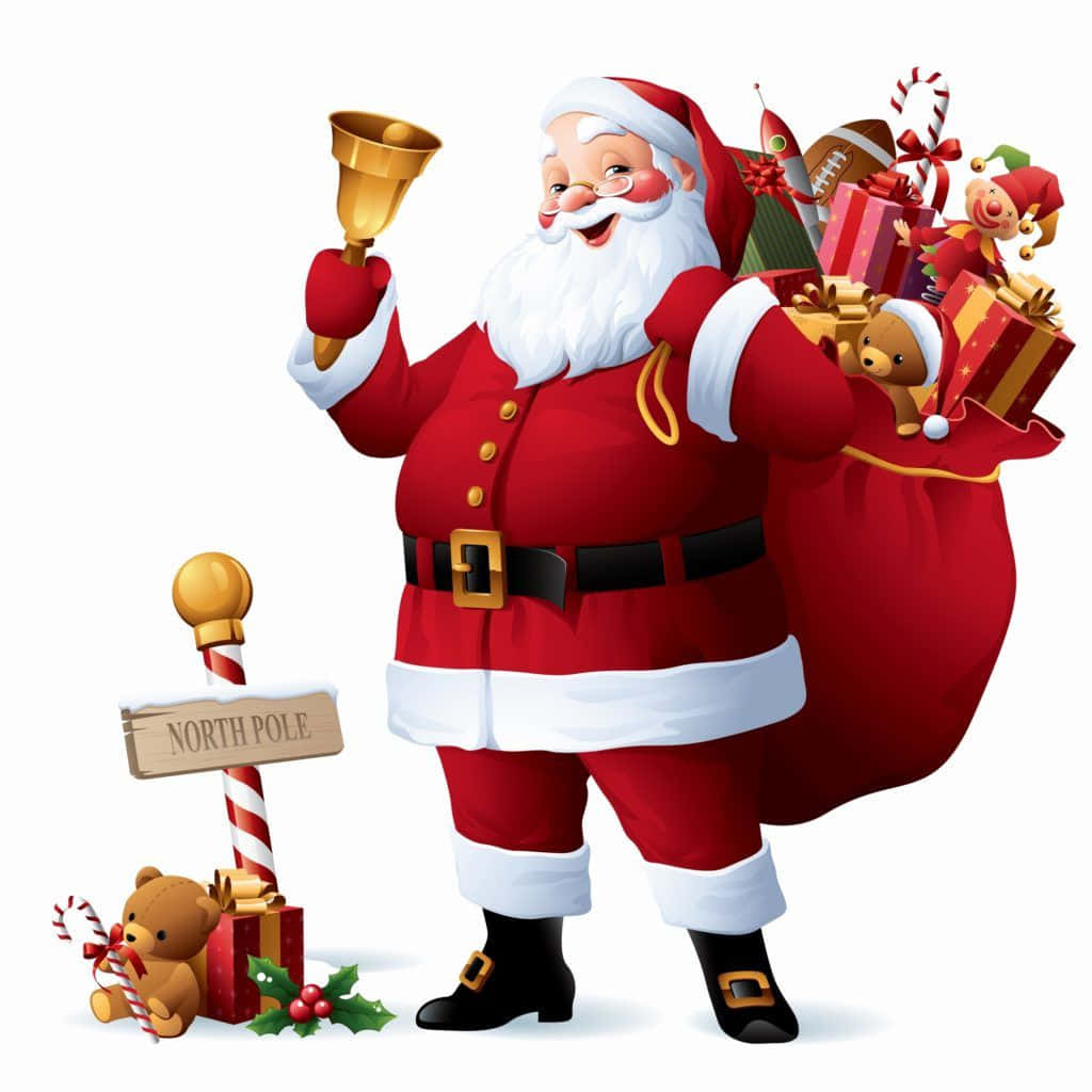 Santa 桌布 壁紙 — 身穿紅色西裝的快樂聖誕老人，在北極標誌附近拿著一個金色鈴鐺和一個裝滿禮物、玩具和拐杖糖的超大袋子。