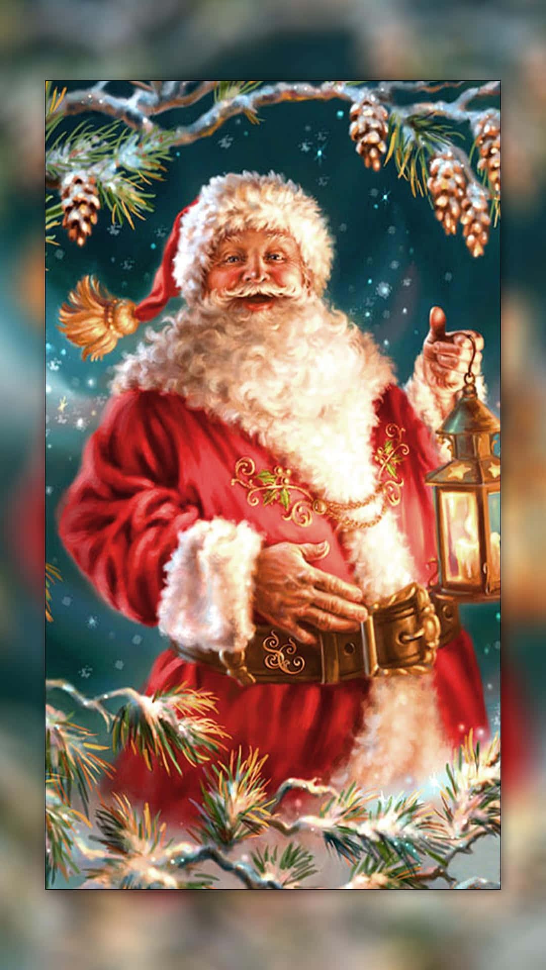 Santa 桌布 壁紙 — 身穿紅色西裝的快樂聖誕老人在星空下，在白雪覆蓋的松樹枝中提著燈籠。