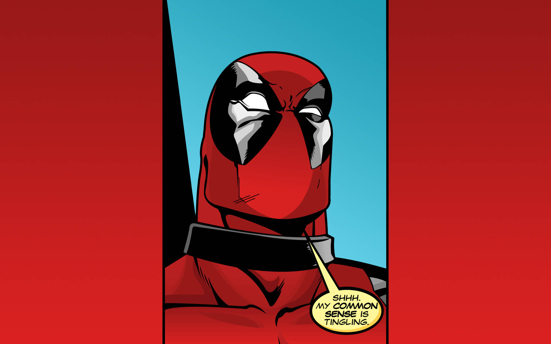 4K deadpool 桌布 壁紙 — 身穿紅色西裝的死侍從門口探頭，對話框寫著「噓，我的常識在刺痛。」