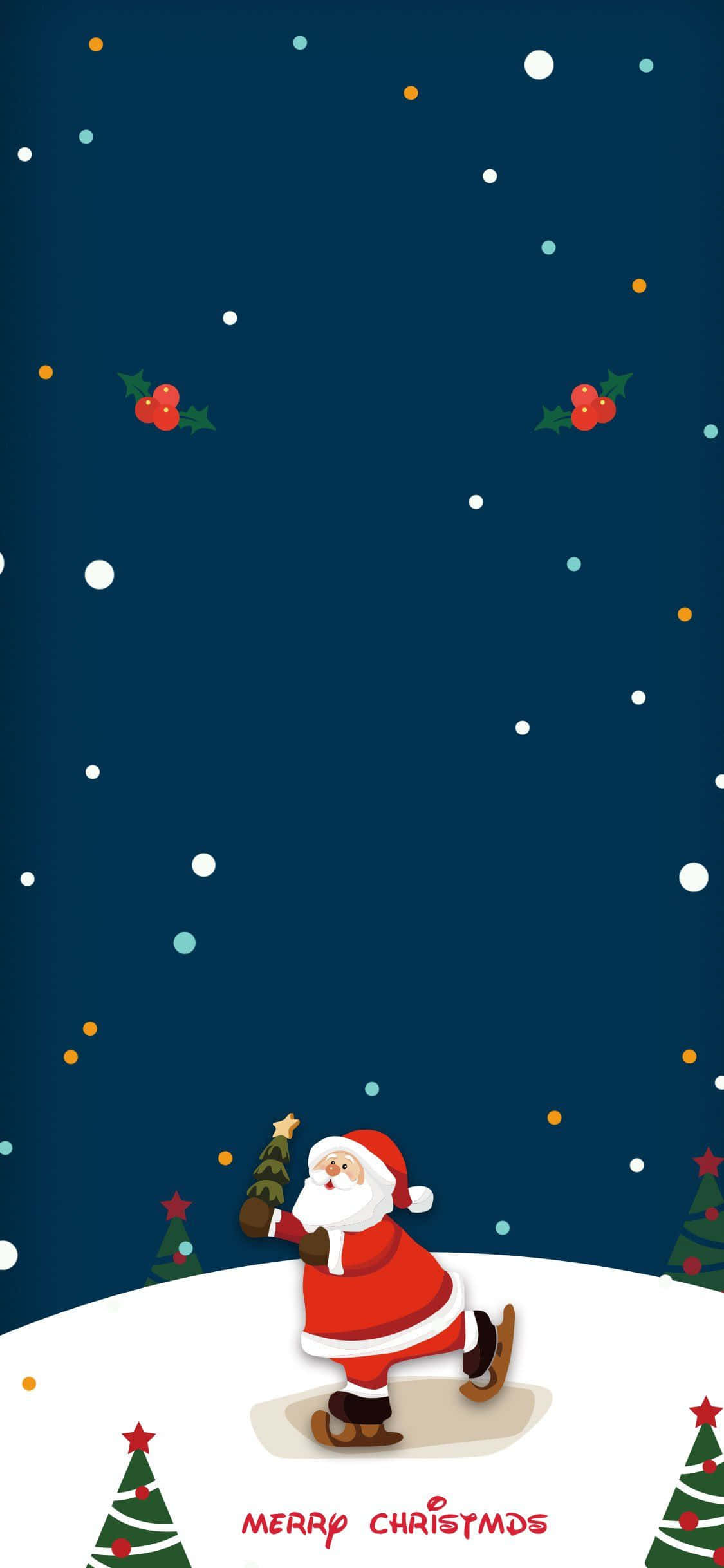 桌布 壁紙 — 身穿紅色西裝的聖誕老人在星光燦爛的夜空下滑雪越過白雪覆蓋的山丘，周圍有冬青漿果和聖誕樹。