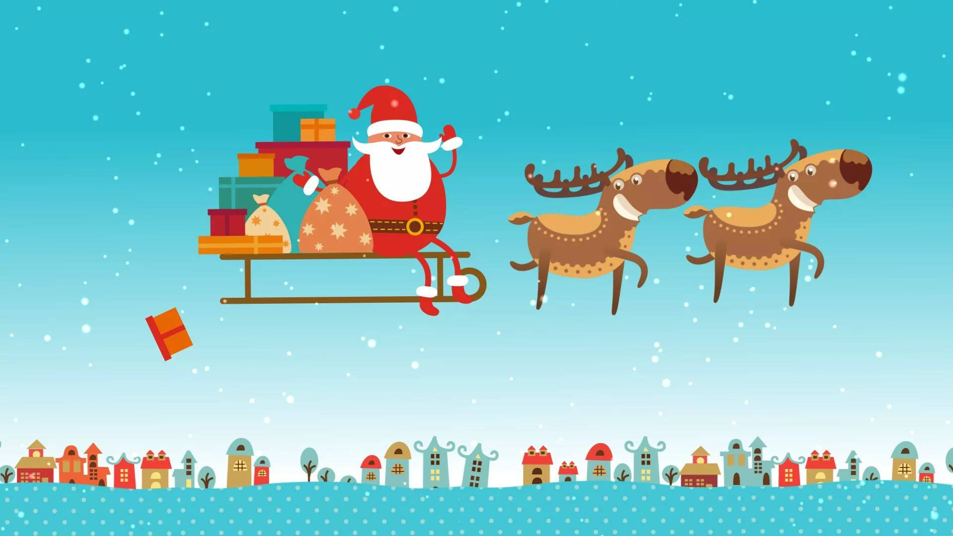 Reindeer 桌布 壁紙 — 身穿紅色西裝的聖誕老人從由兩隻馴鹿拉著的雪橇上揮手，飛越一個有彩色房屋的雪村。